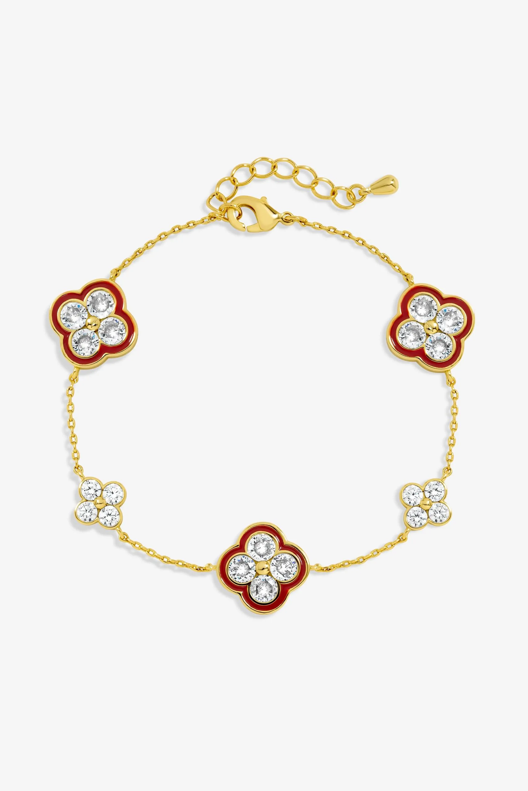 14K Gold Plated Pave and Red Clover Bracelet