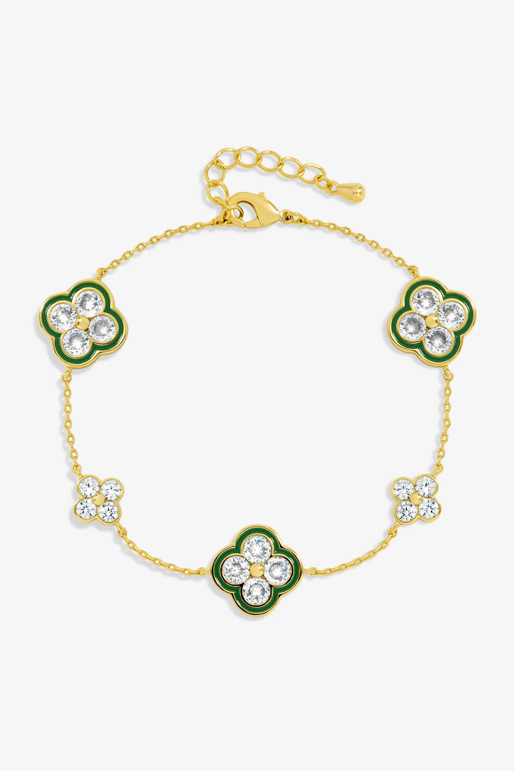 14K Gold Plated Pave and Emerald Clover Bracelet