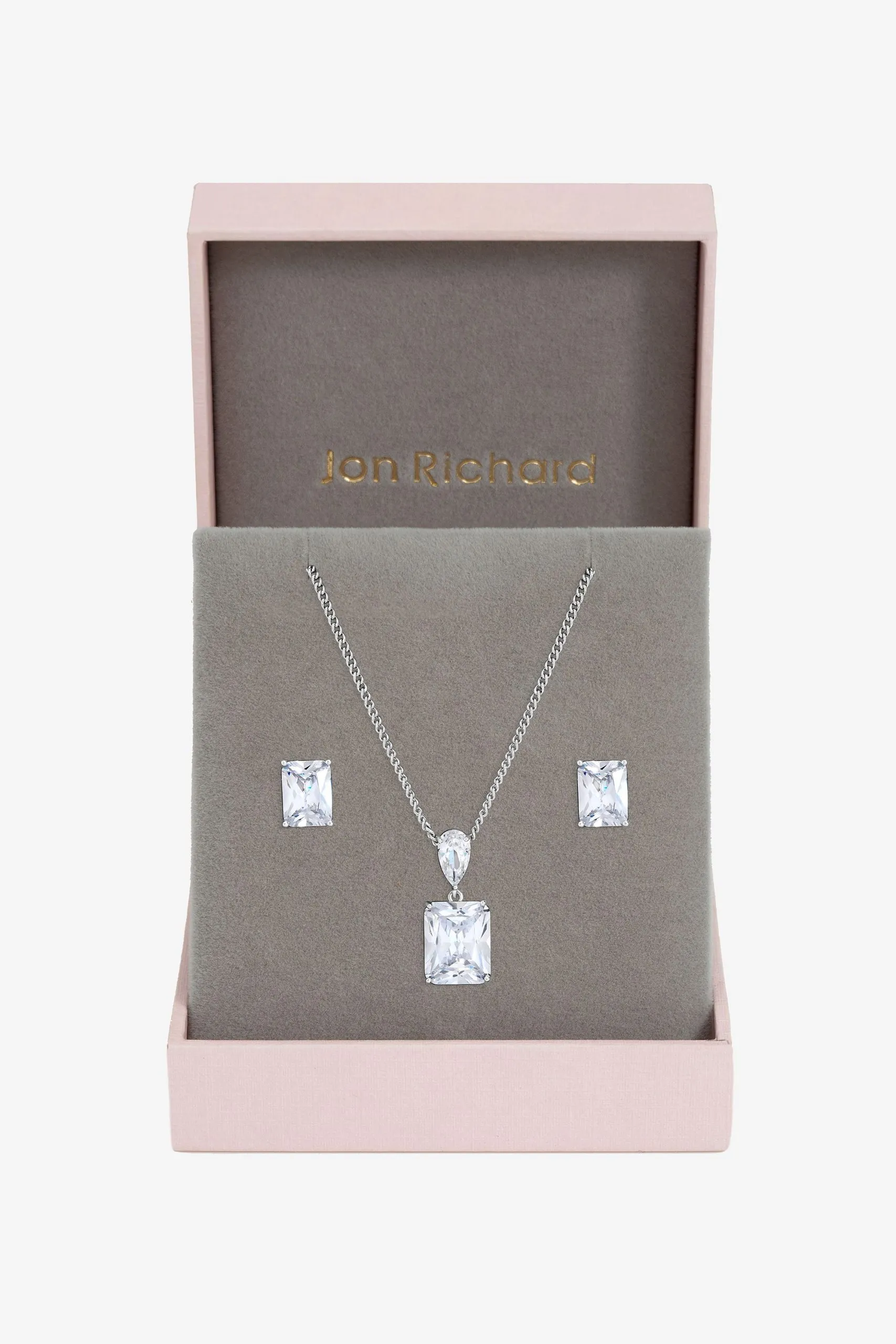 Rhodium Plated Crystal Open Stone Pendant Set - Gift Box
