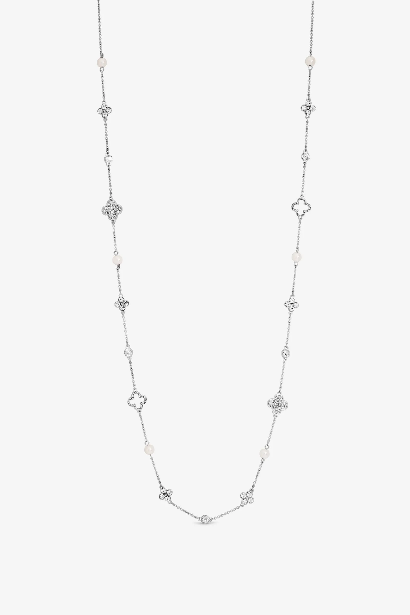 Silver Crystal & Mother of Pearl Clover Station Long Necklace
