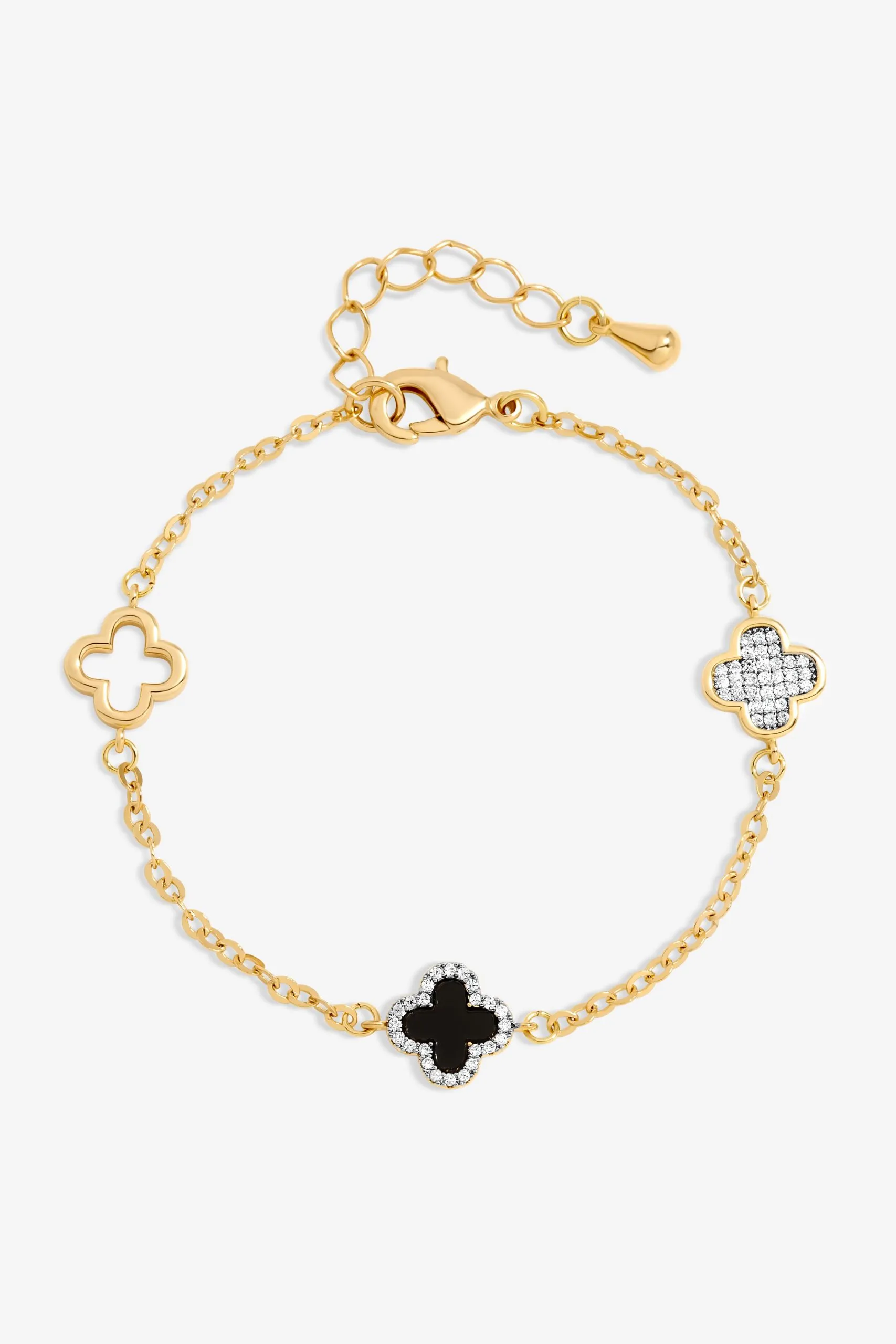 Gold Plated Pave and Jet Clover Bracelet