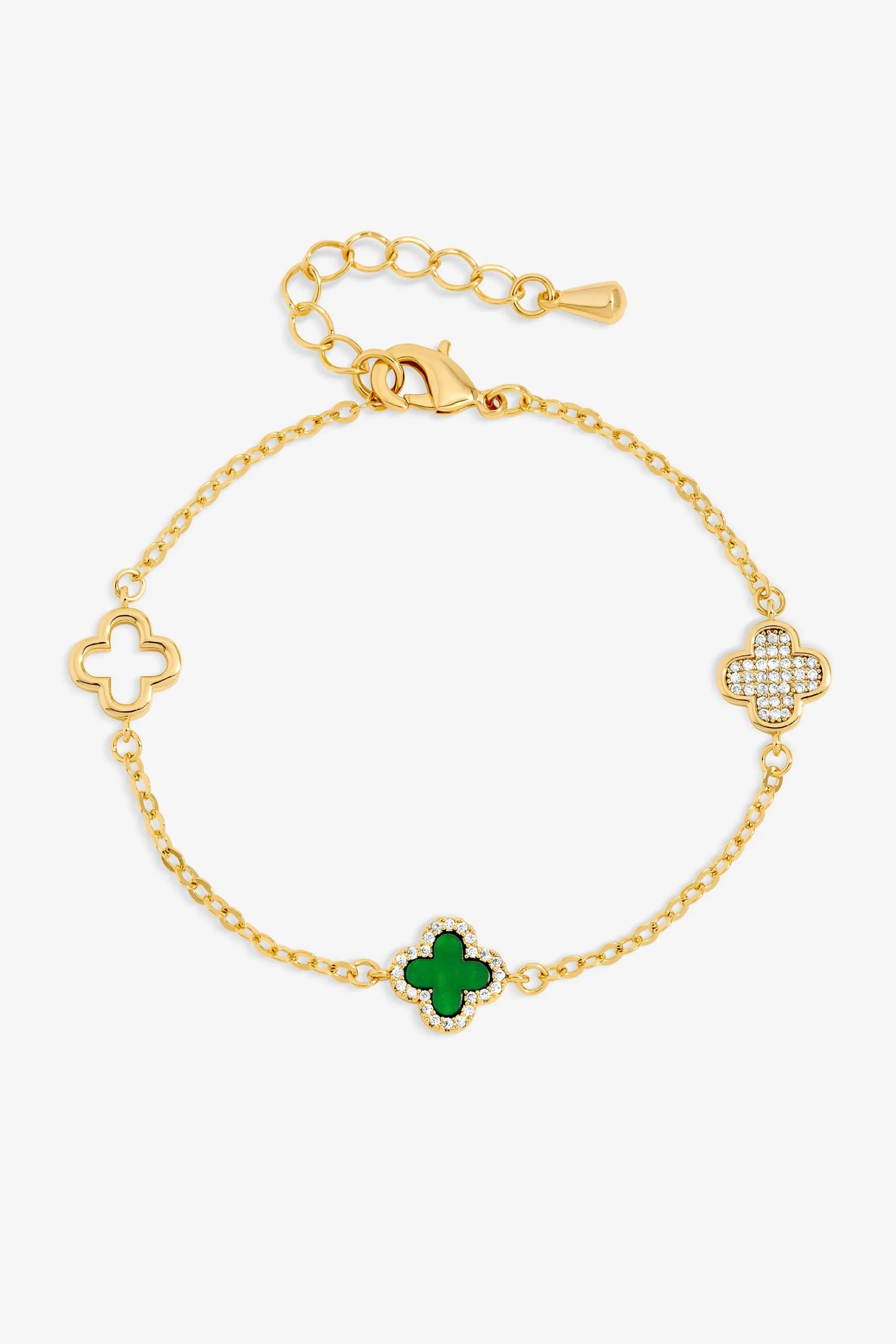 Gold Plated Pave and Malachite Clover Bracelet