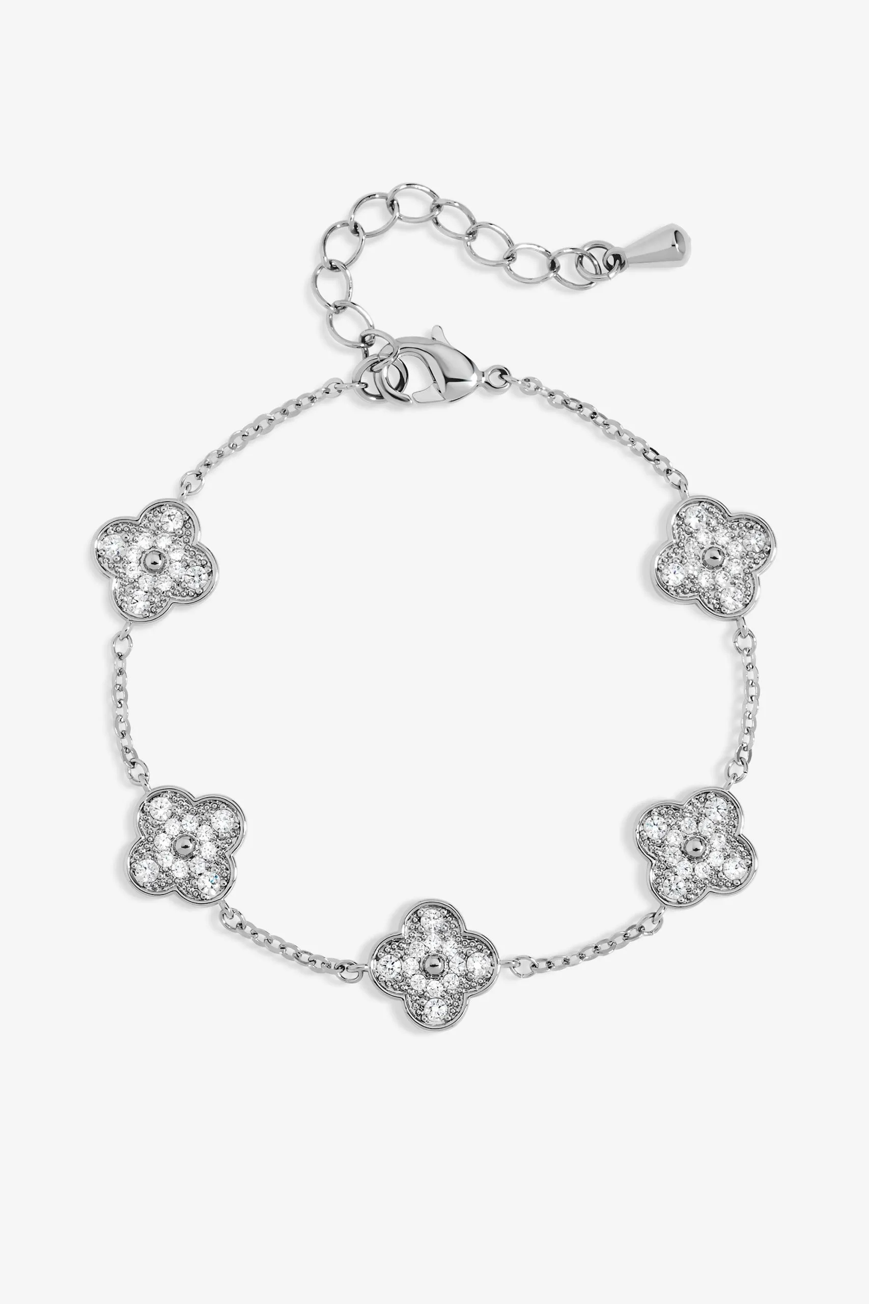 Rhodium Plated and Pave Clover Bracelet