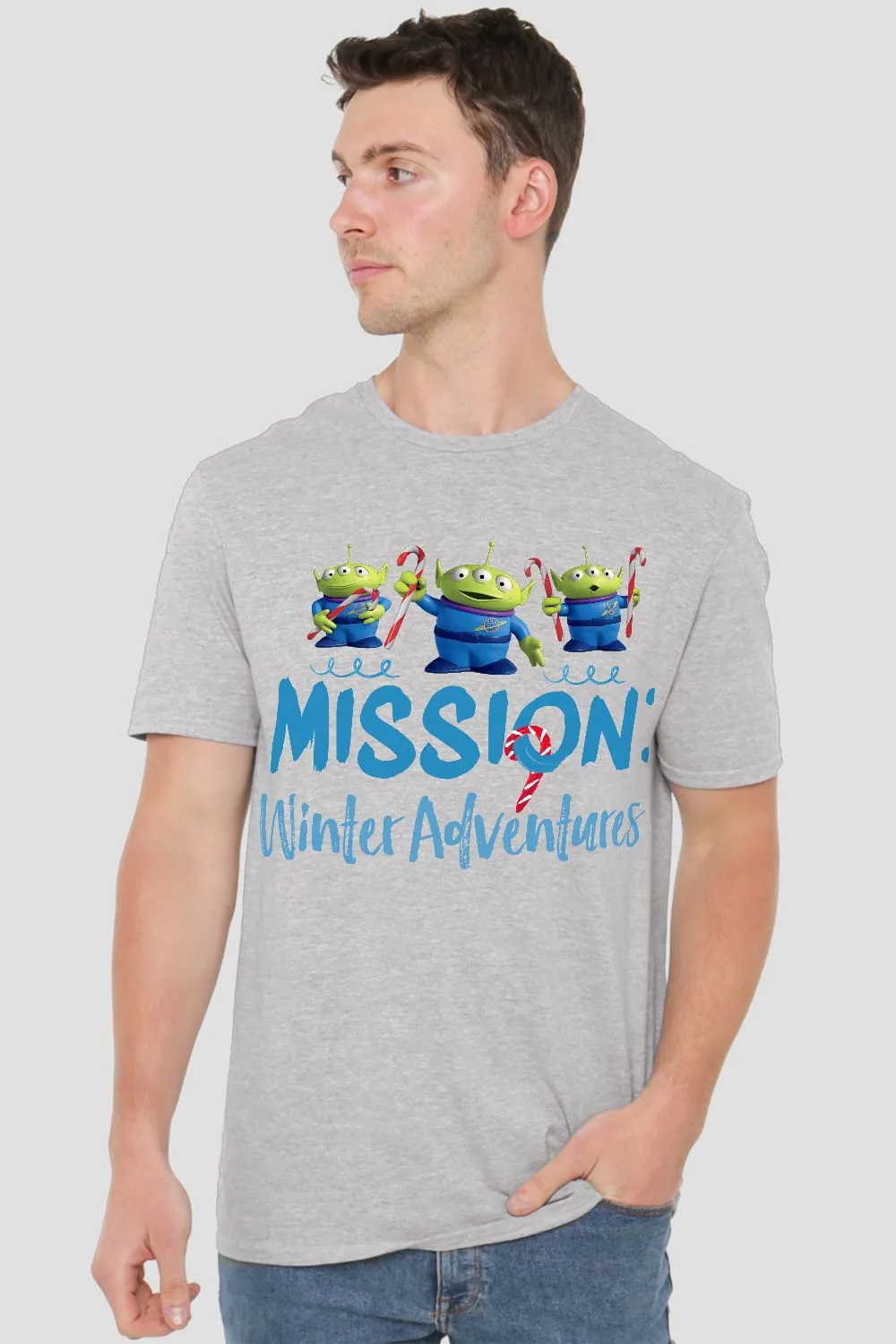 Toy Story Mission Winter Adventure Aliens At Christmas Mens T-Shirt Grey