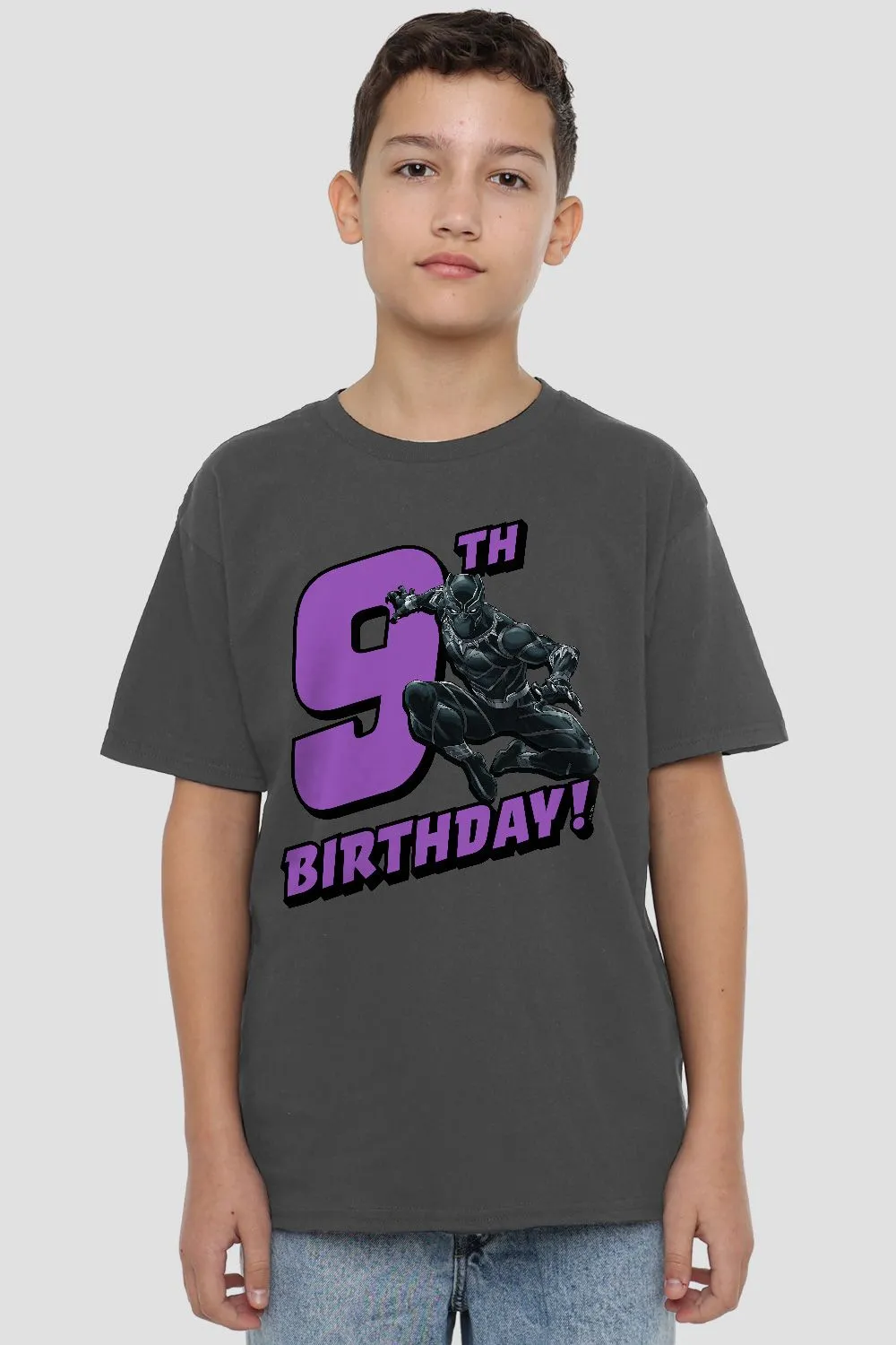 Black Panther Birthday 9 Kids T-Shirt Charcoal
