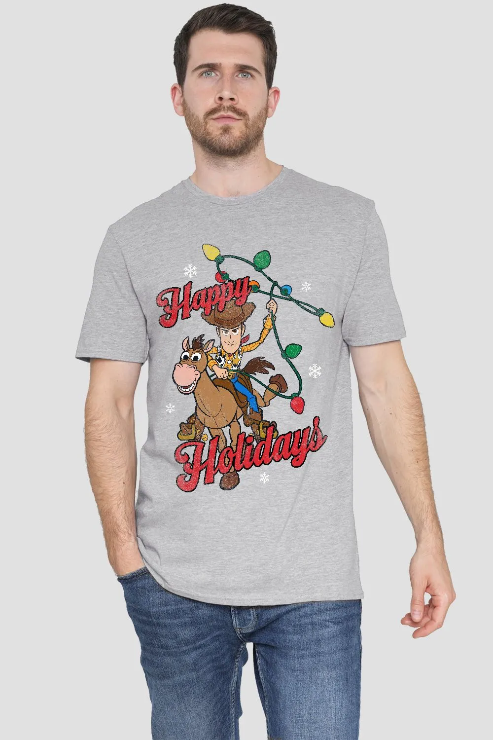 Toy Story Woody Happy Holidays Mens T-Shirt Grey
