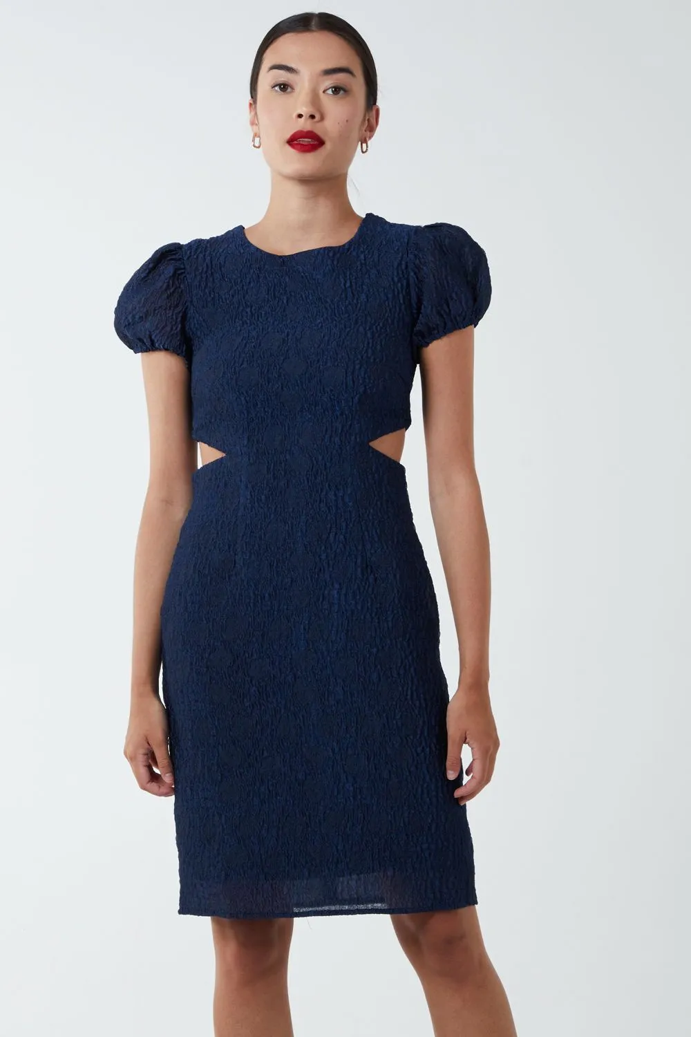 Side Cut Out Puff Sleeve Shift Dress