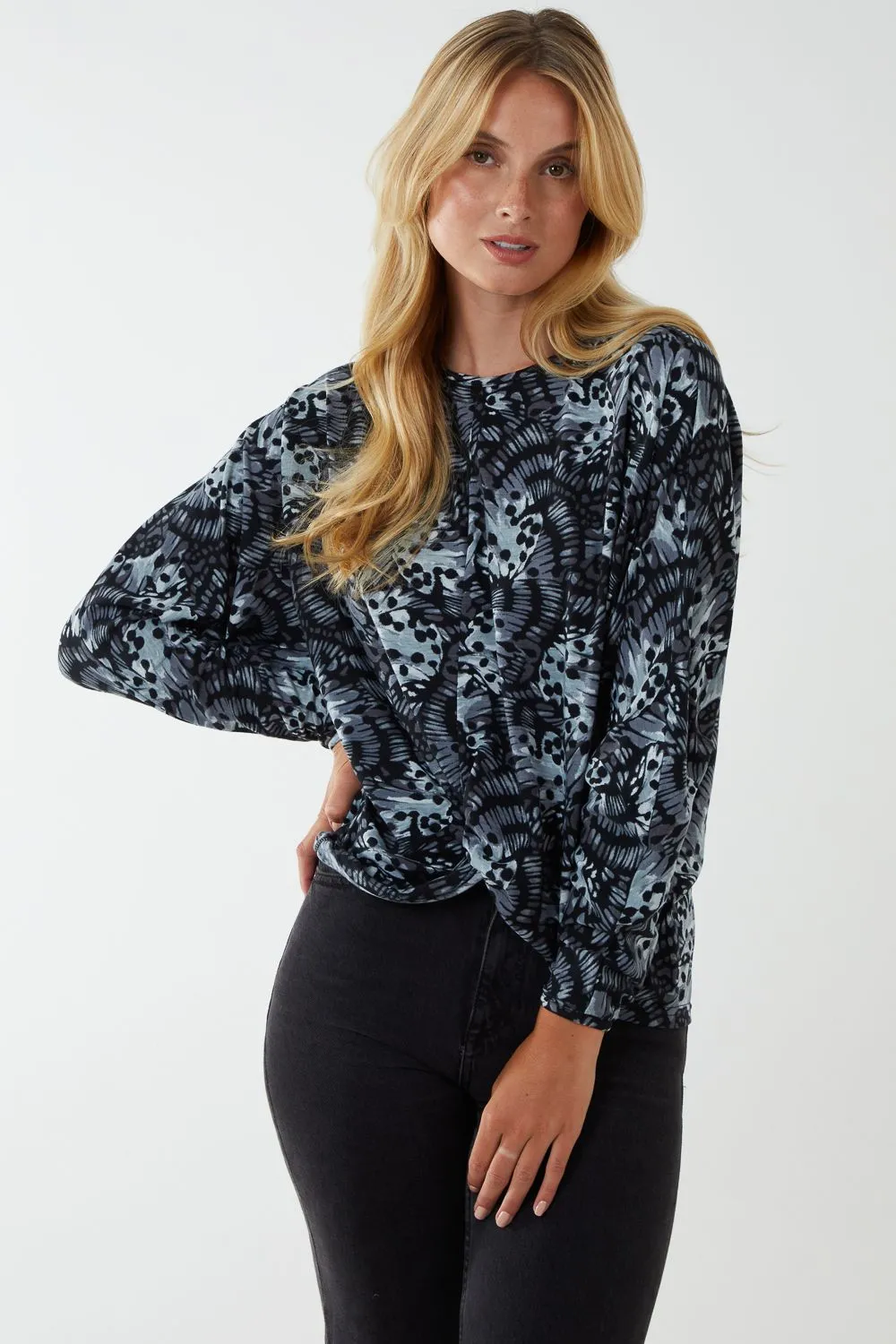 Black Butterfly Print Knot Top