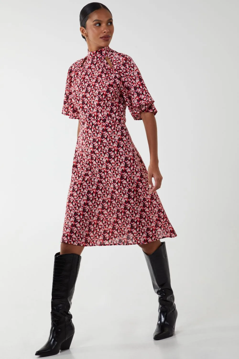 Angel Sleeve High Neck Cut Out Dress