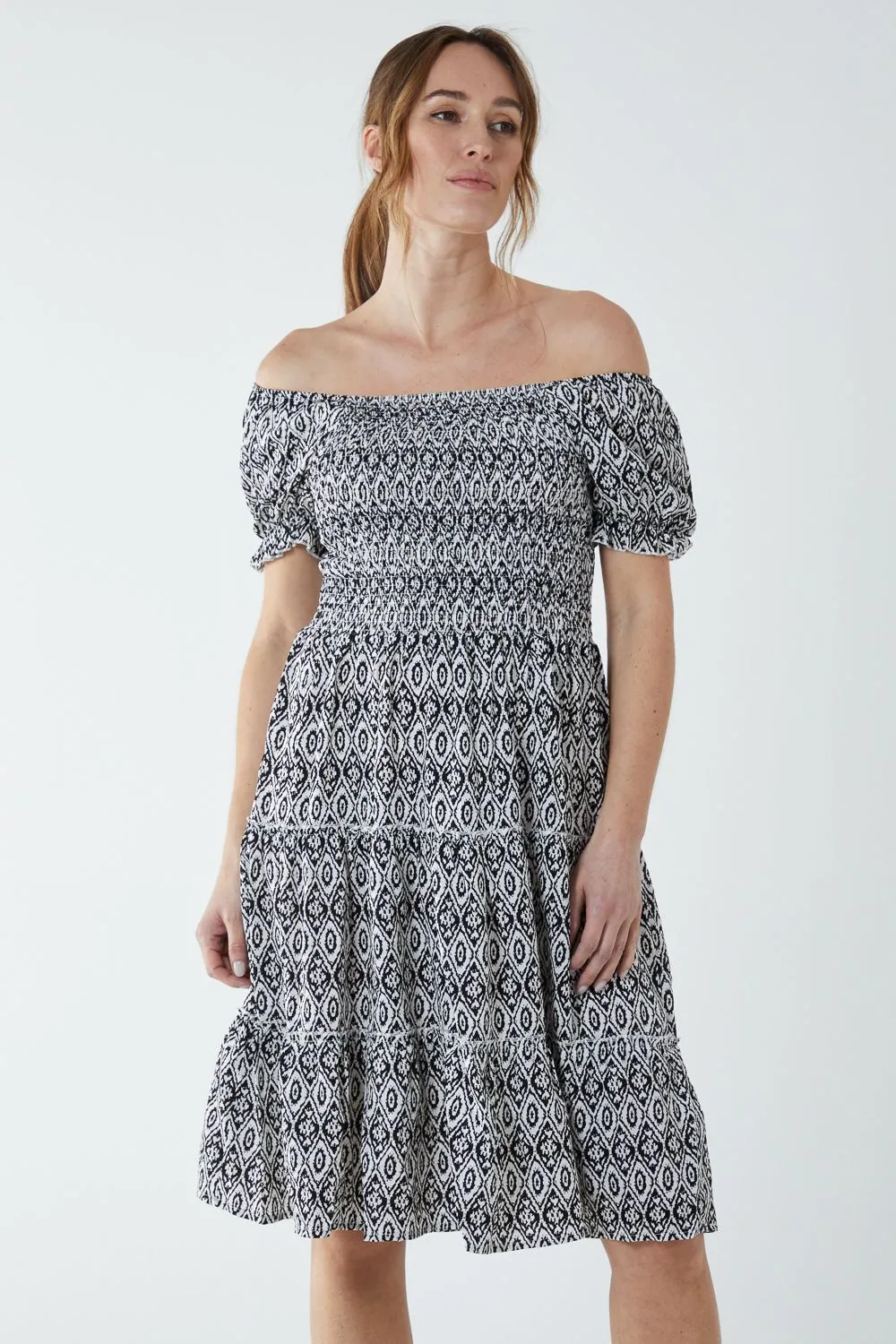 Puff Sleeve Shirred Dress