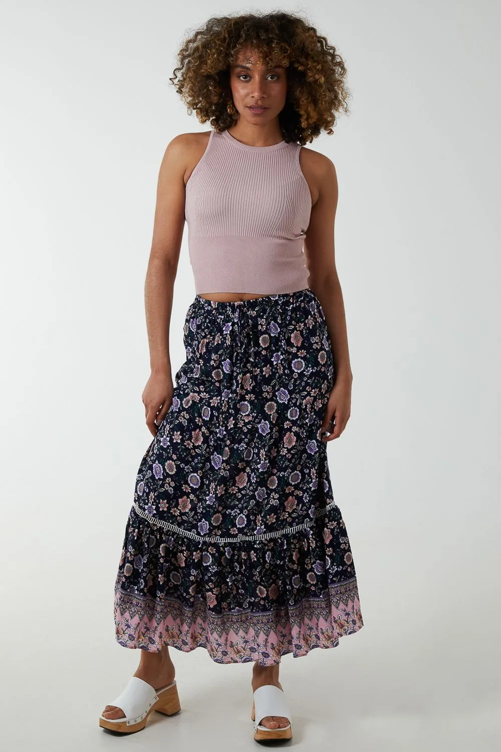 Elasticated Waistband Tiered Midi Skirt
