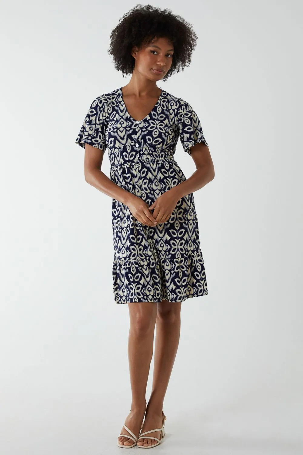 V Neck Shirred Mini Tea Dress With Split