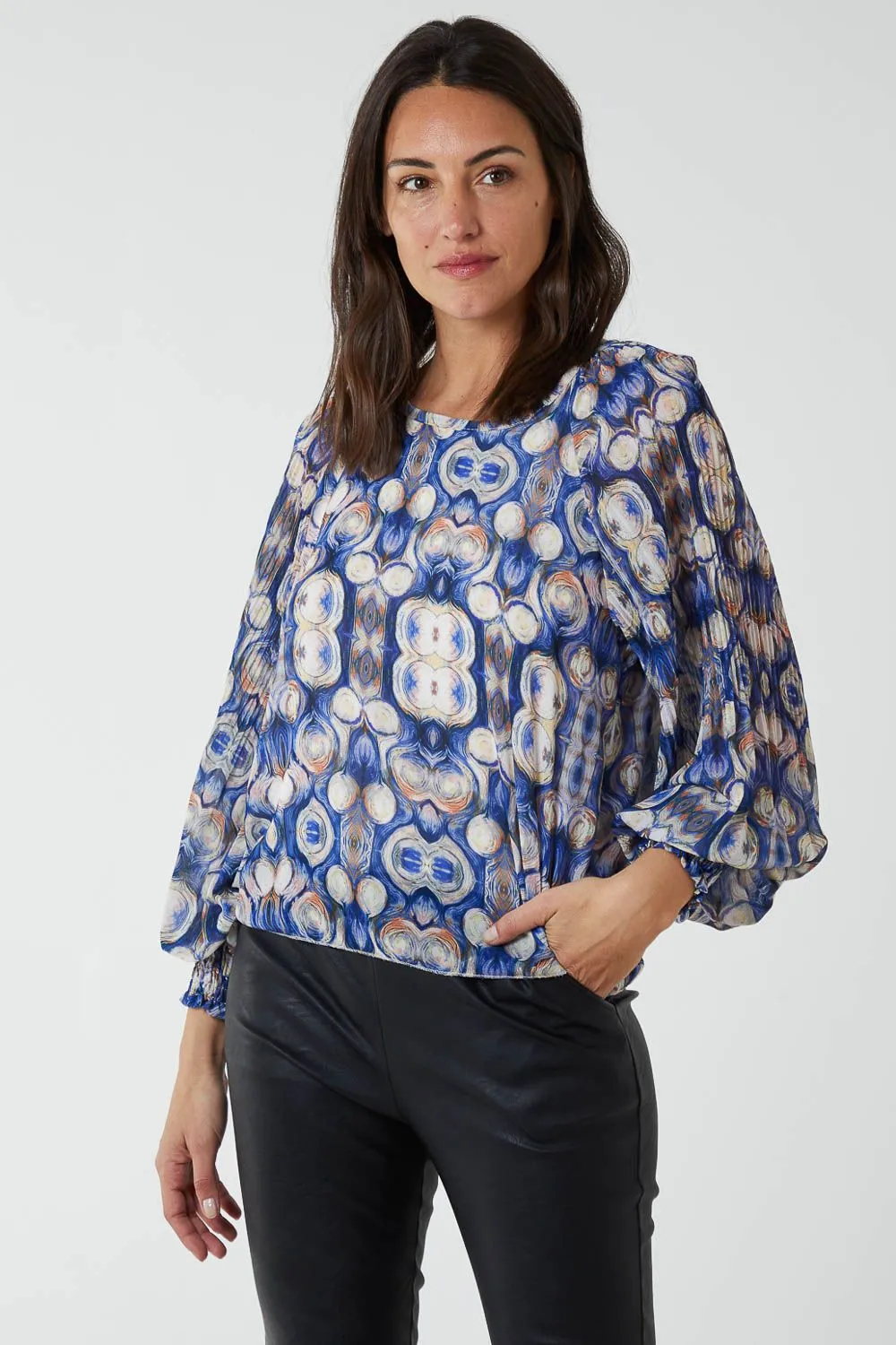 Pleated Sleeve Aztec Swirl Georgette Top
