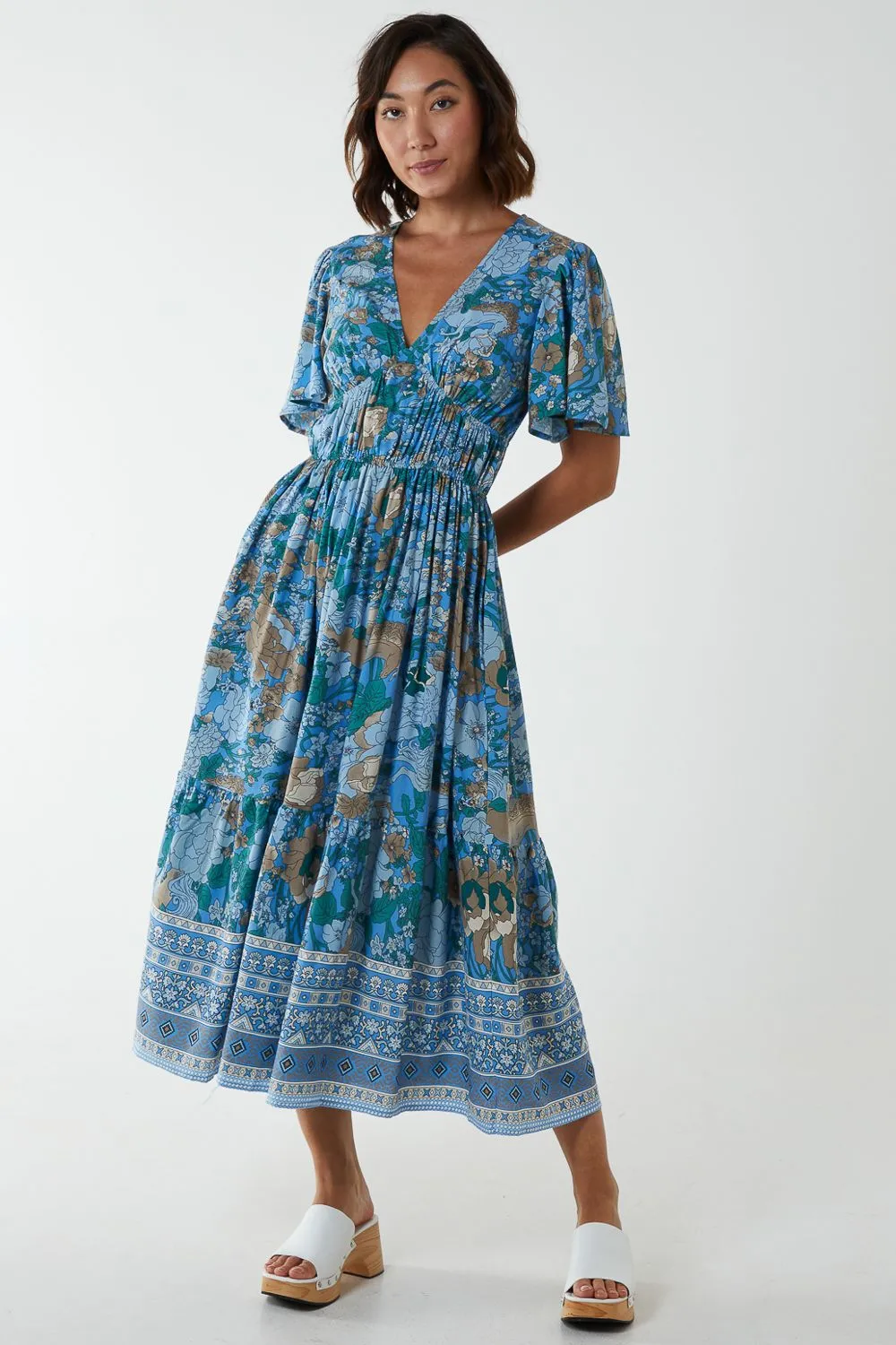 V Neck Ruffle Detail Tiered Midi Dress