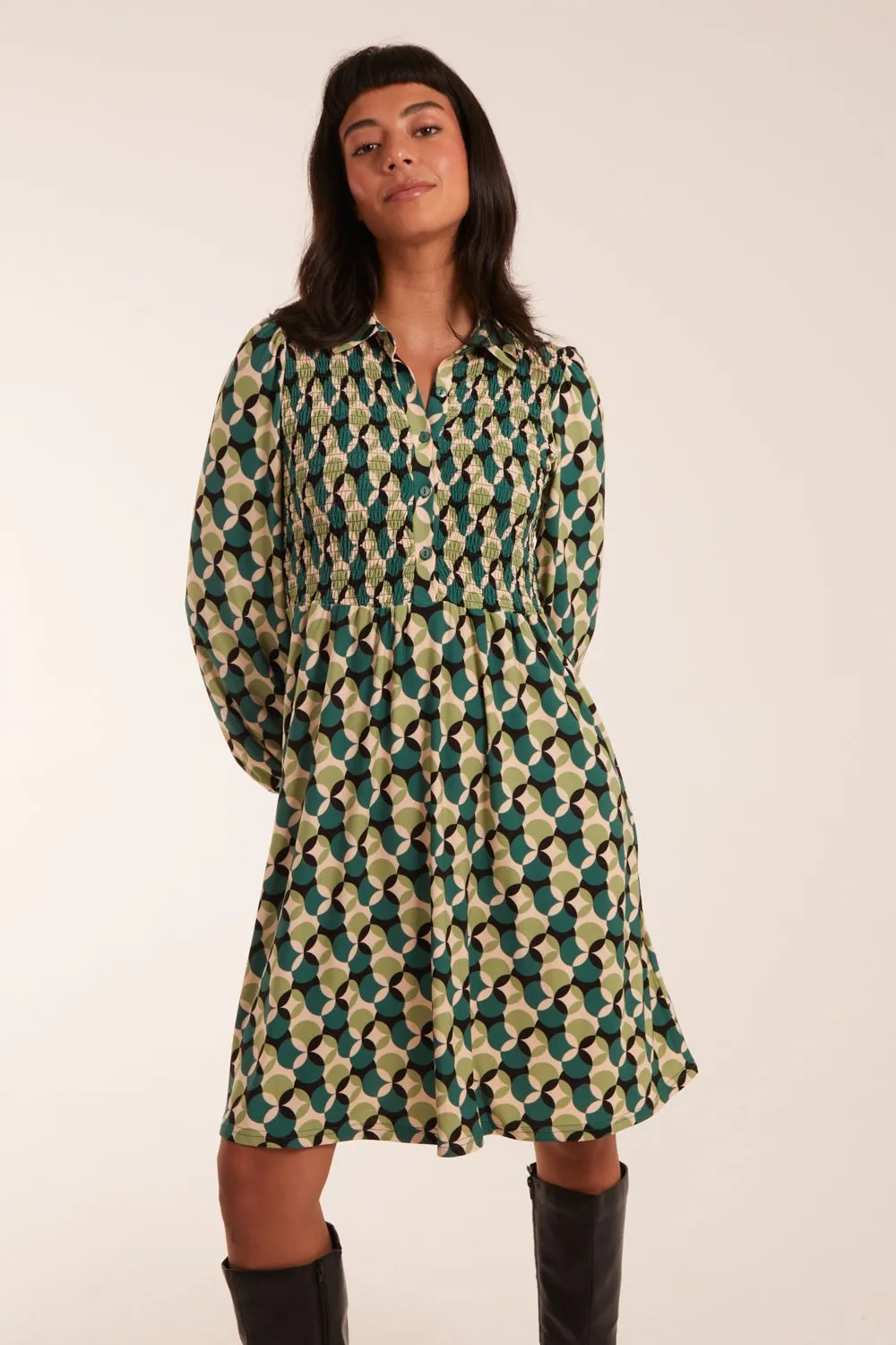 Shirred Bust Long Sleeve Shirt Dress