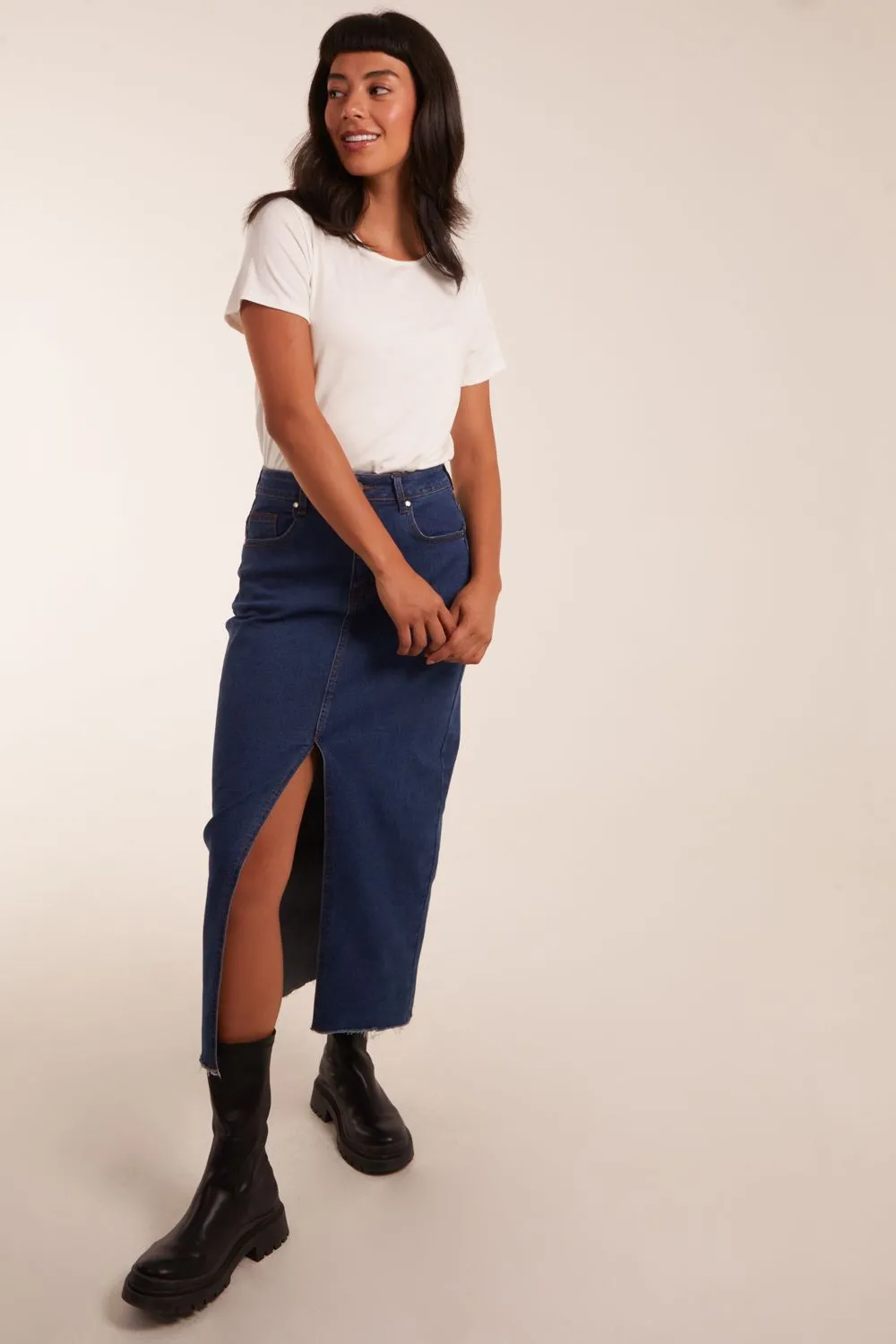 High Rise Denim Midi Skirt