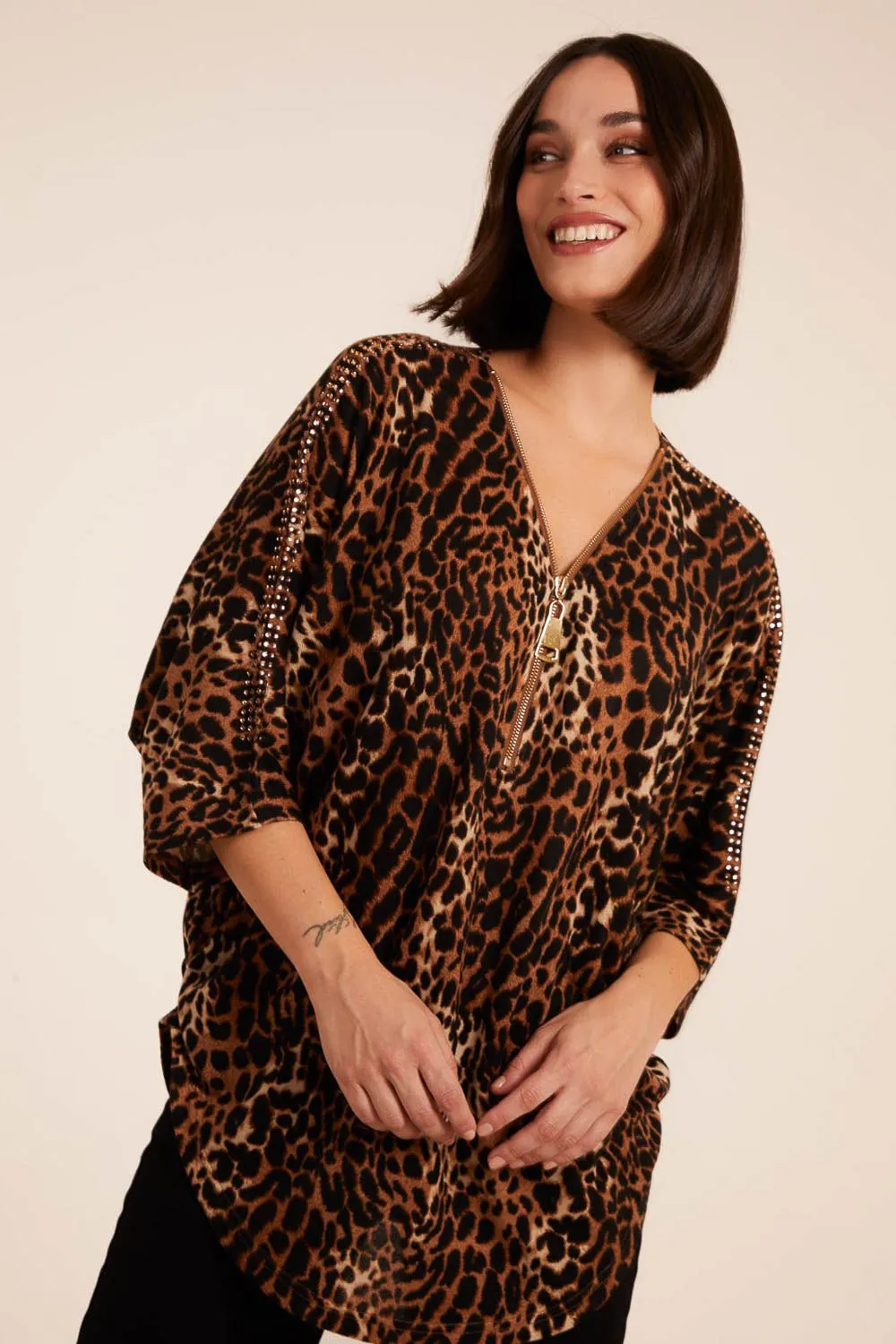 Zip Front Leopad Diamante Tunic Top