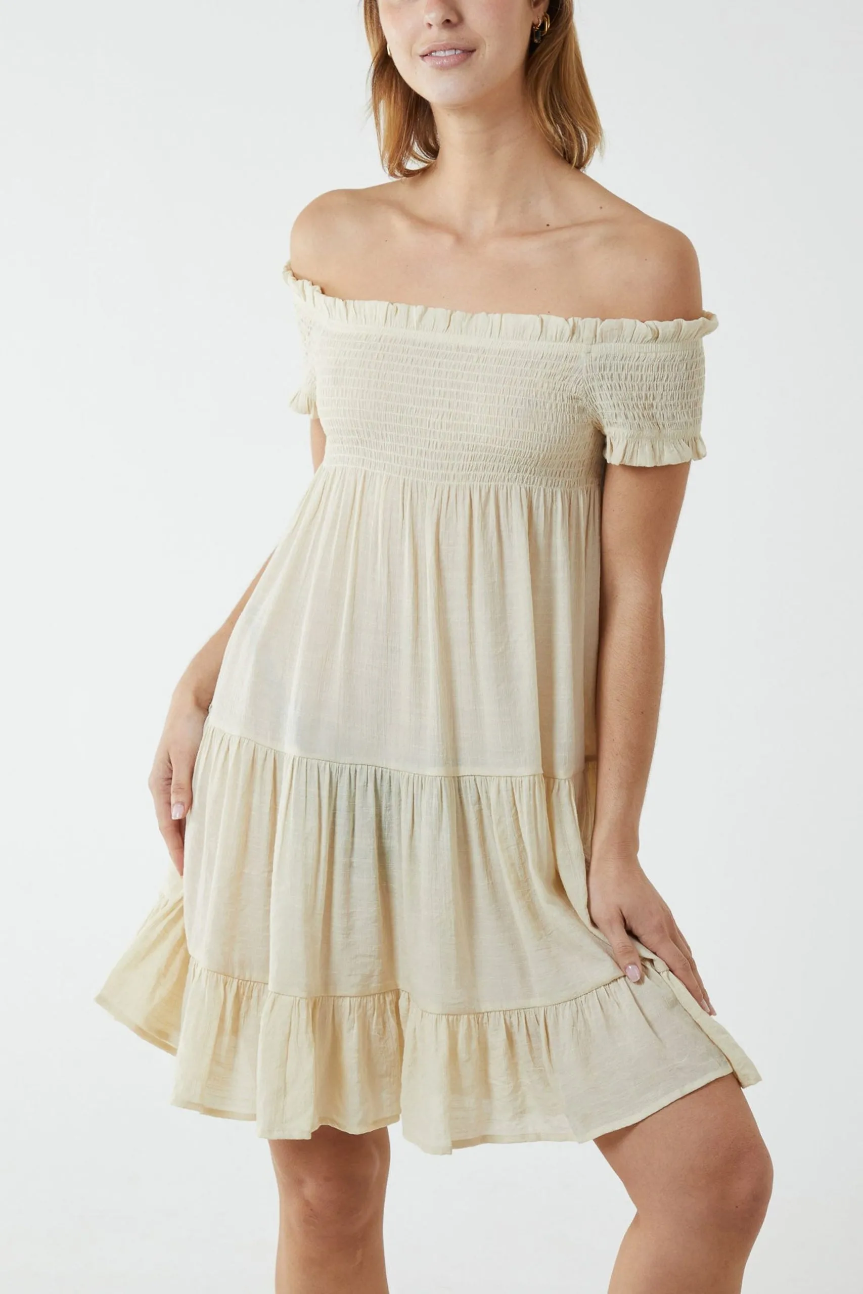 Stone Shirred Neck Line Floaty Dress