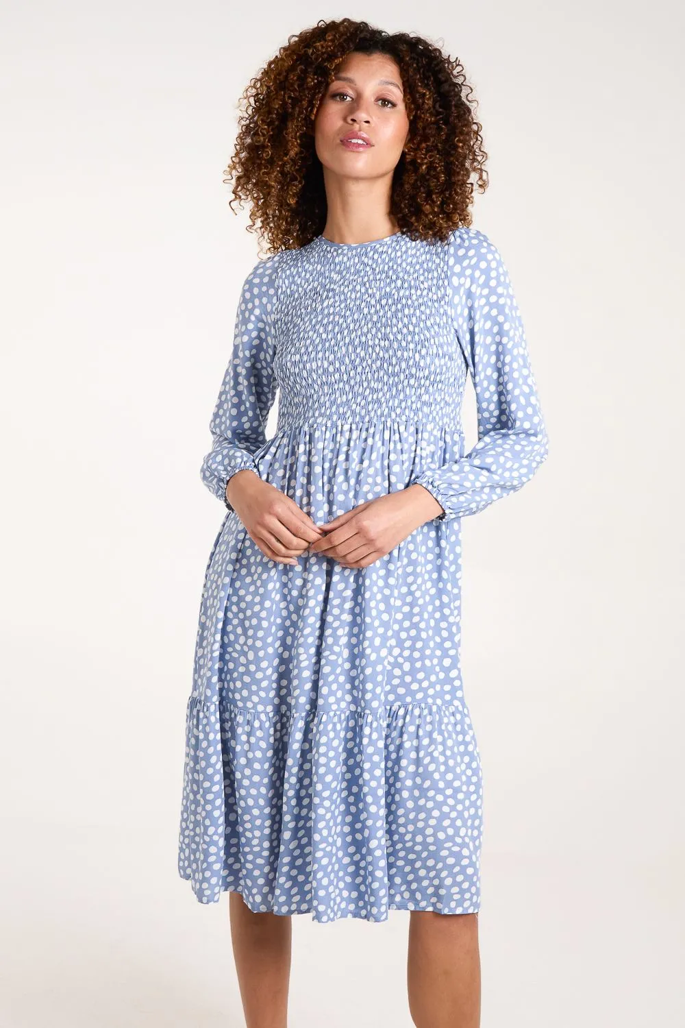 Shirred Bodice Balloon Sleeve Midi Dress