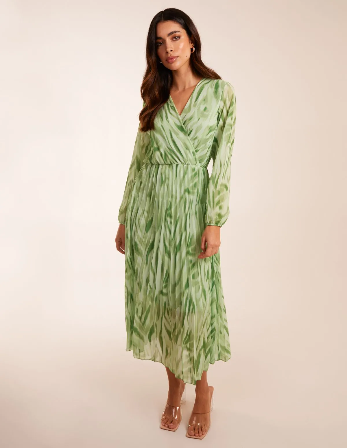 Abstract Wrap Pleated Midi Dress