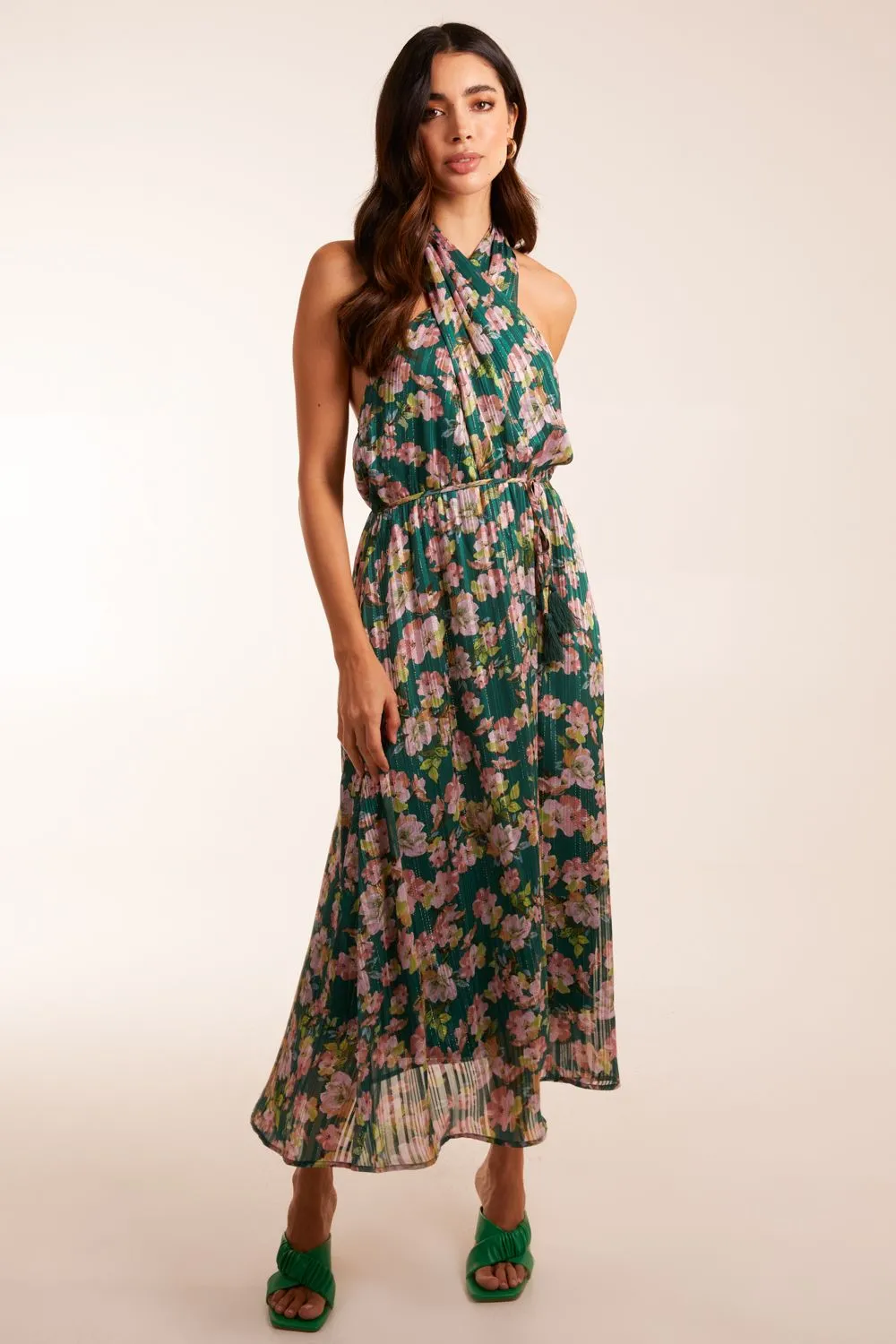 Wrap Halter Neck Pleated Midi Dress