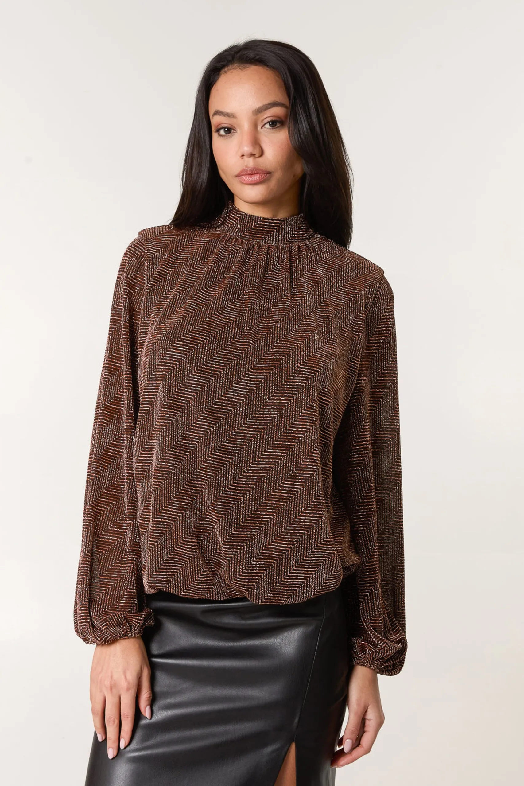 Bronze Lurex Puffball High Neck Blouse