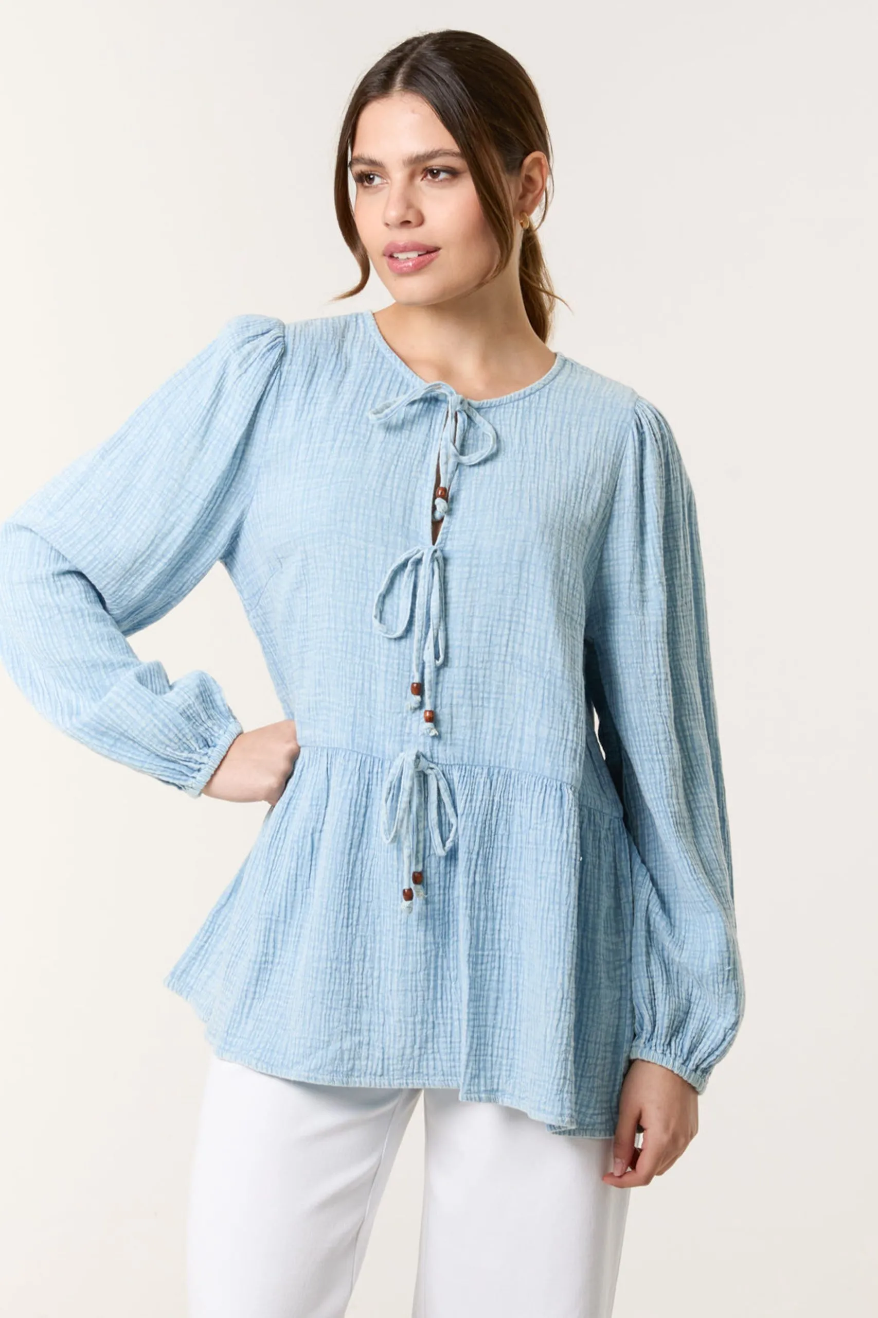 Light Blue Washed Tie Front Top