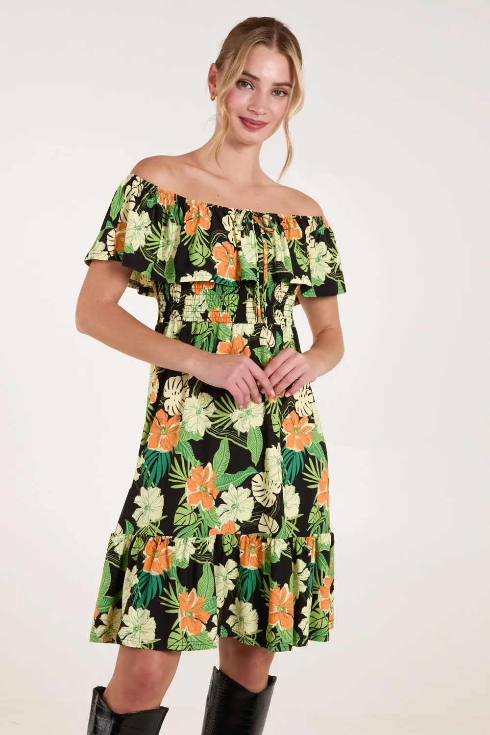 Tropical Shirred Waist Bardot Mini Dress