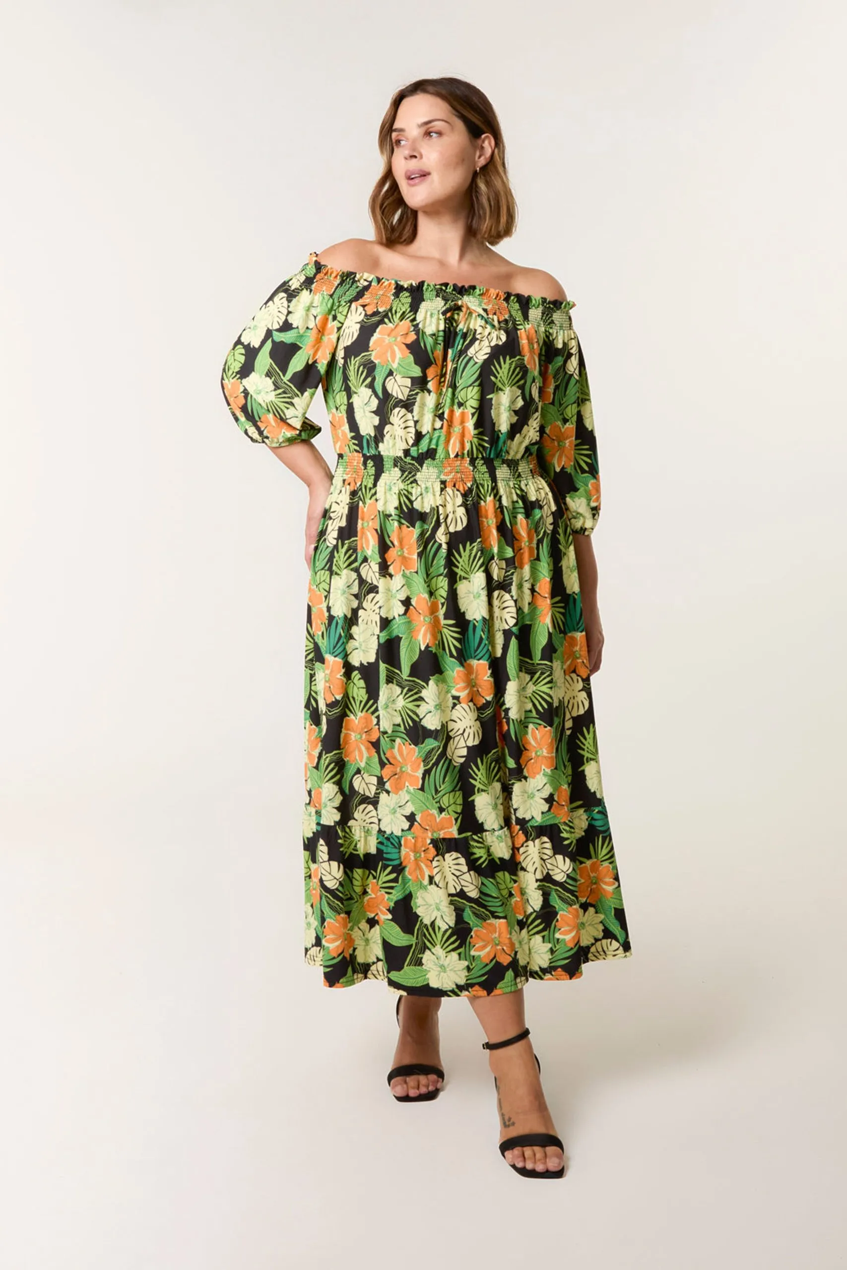 Black Curve Bardot Elasticated Midi Dress