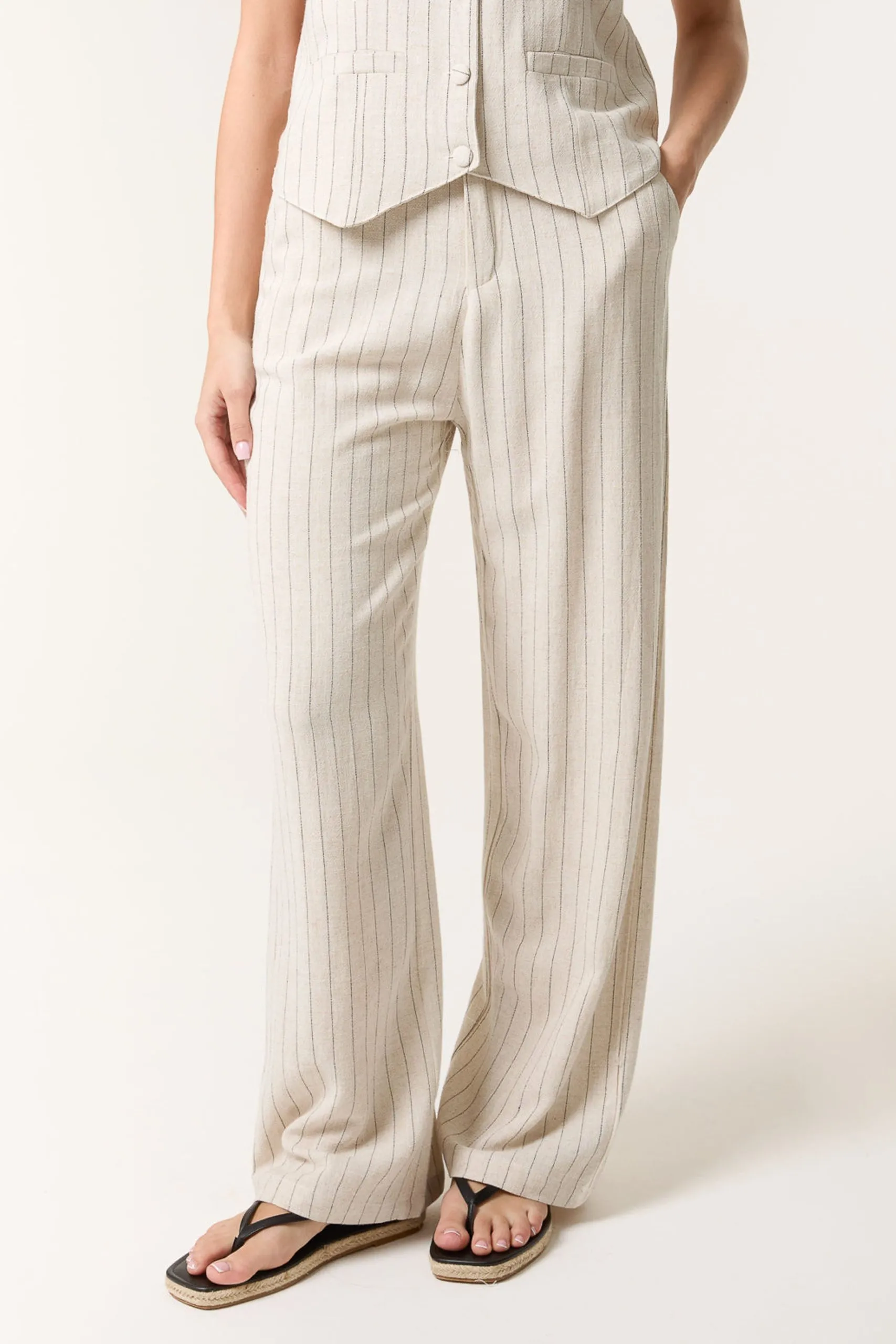 Off White Linen Pinstripe Drawstring Trousers