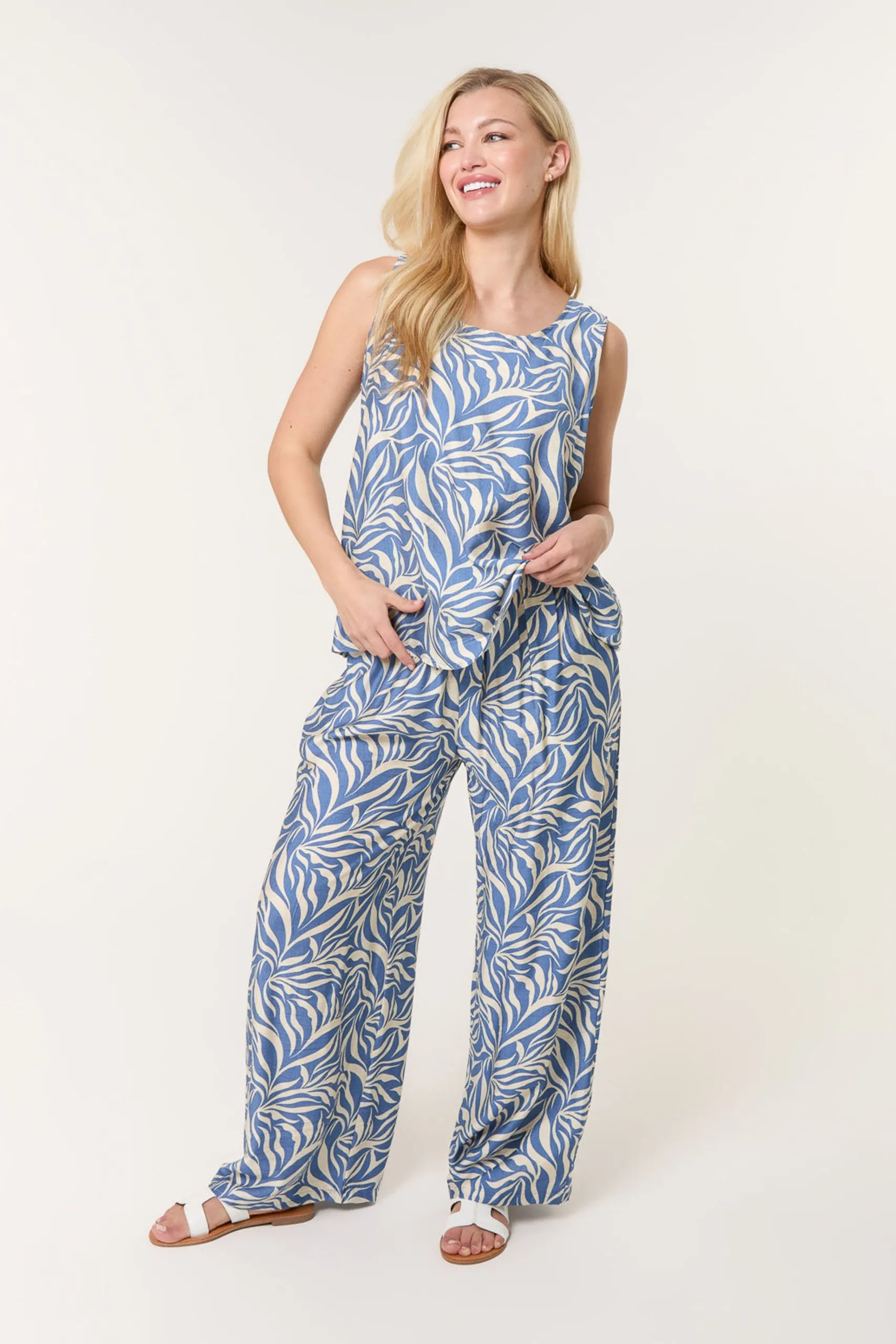 Blue Leaf Print Vest and Trouser Set