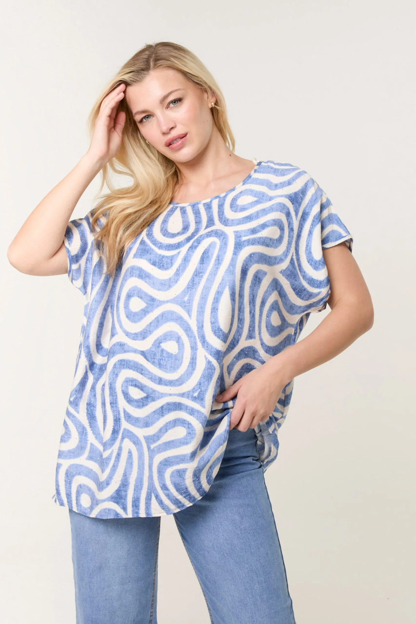 Blue Round Neck Top With Abstract Print