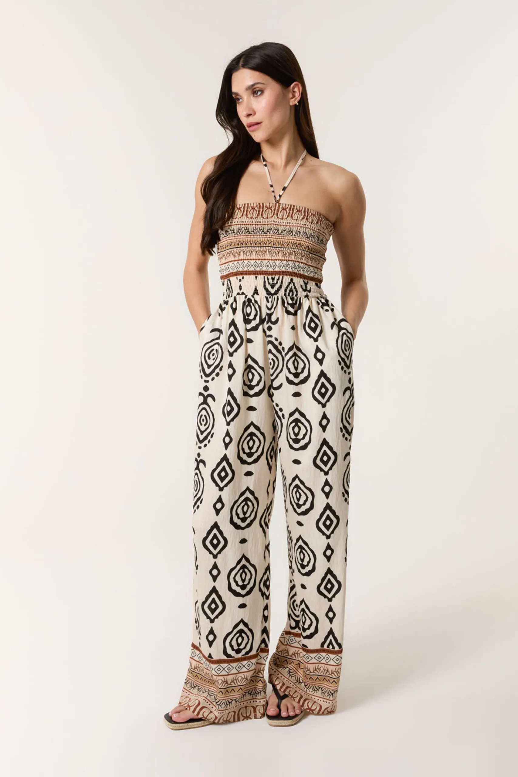 Stone Print Strapless Bandeau Shirred Jumpsuit