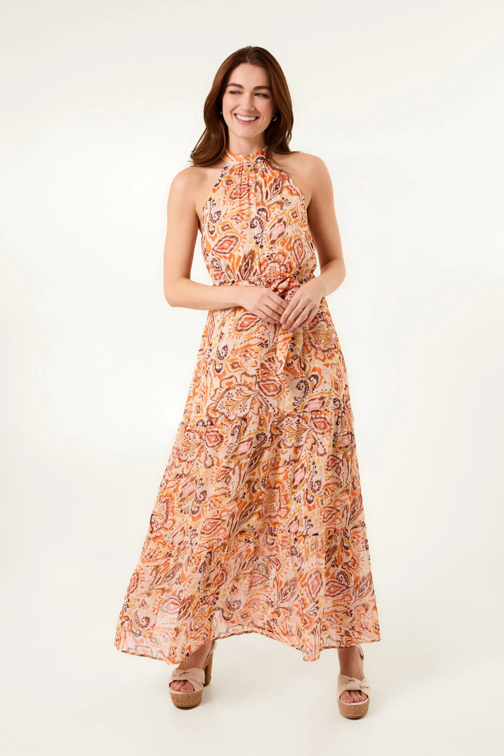 Orange Halter Neck Belted Waist Maxi Dress