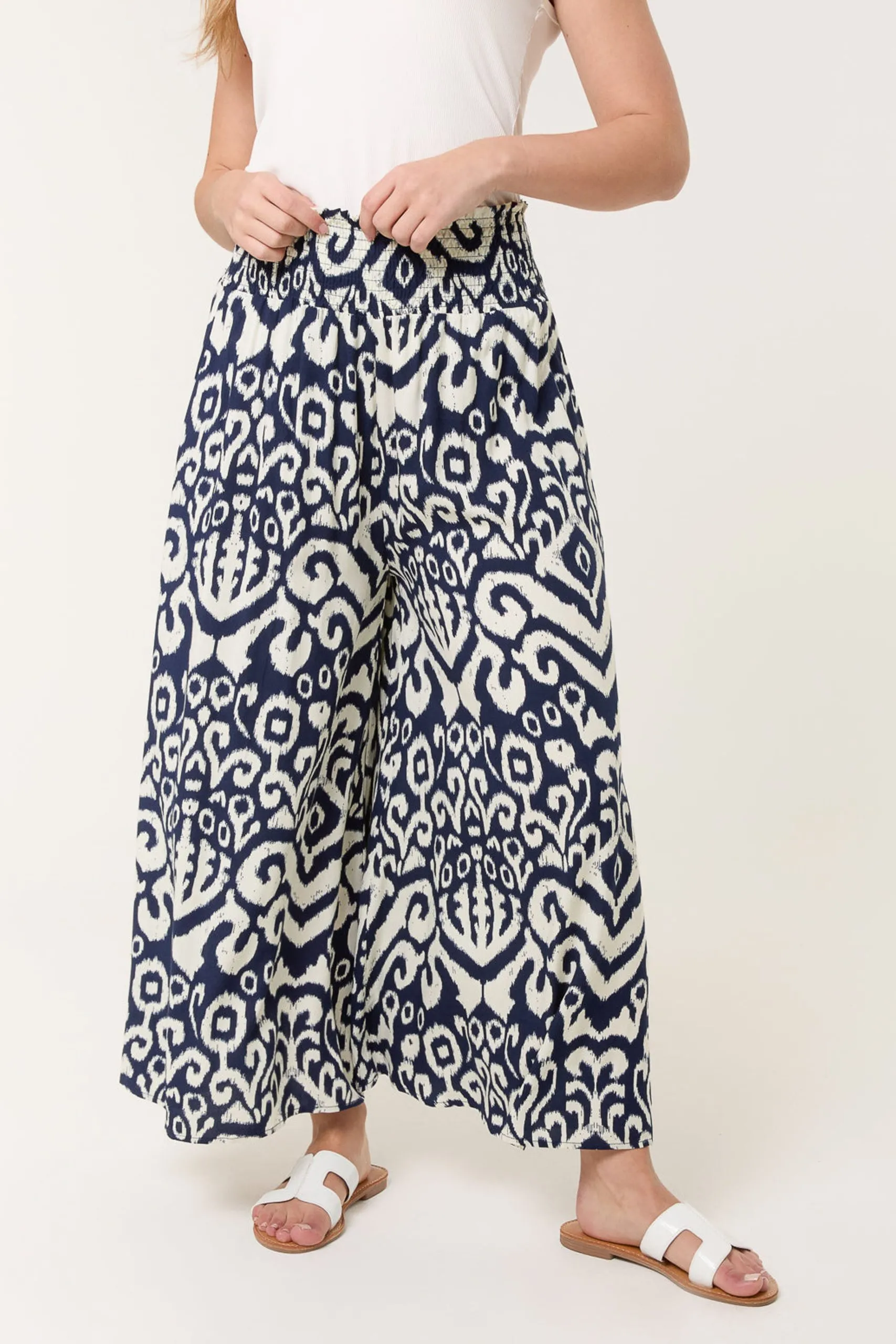 Navy Shirred Waist Wide Leg Trousers