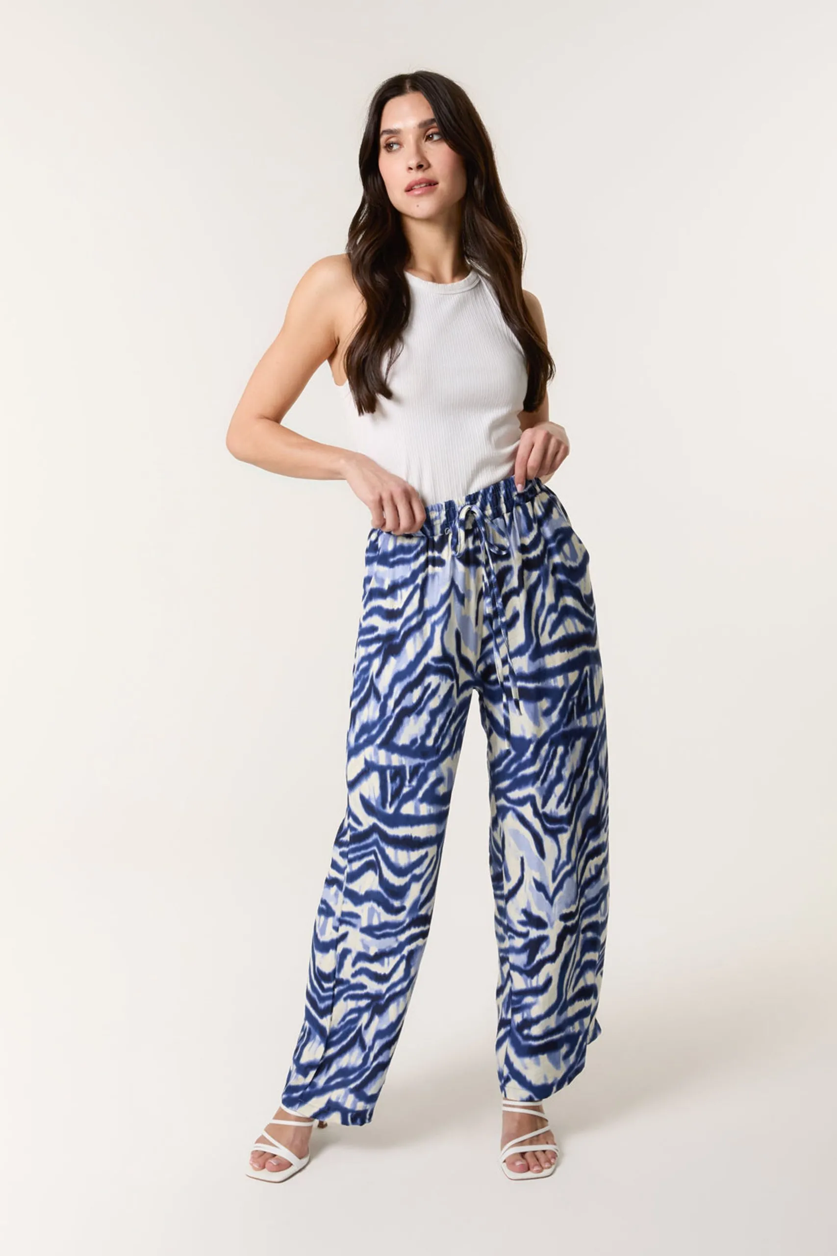 Blue Printed Elastic Trousers
