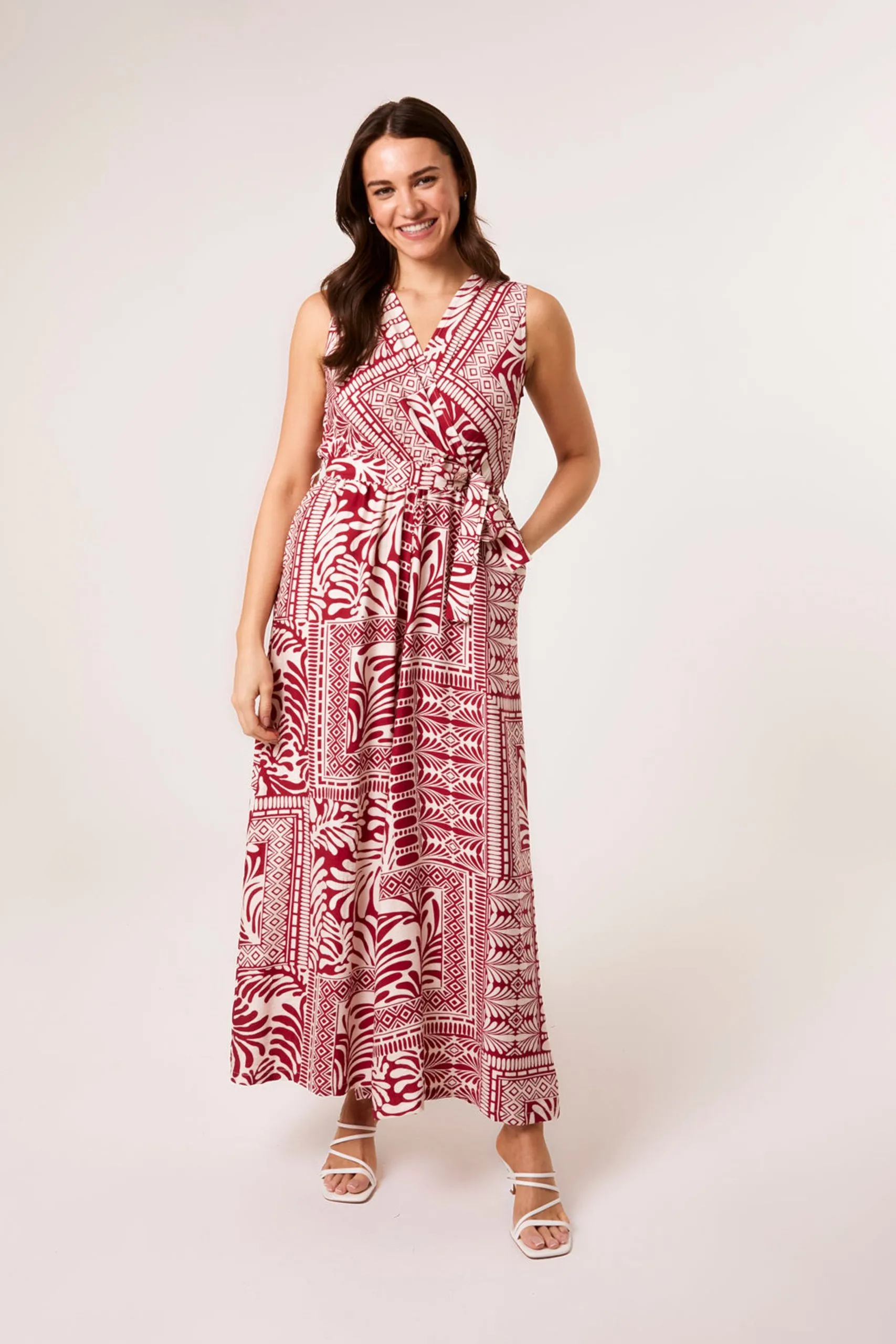 Red Sleeveless Leaf Print Jumpsuit