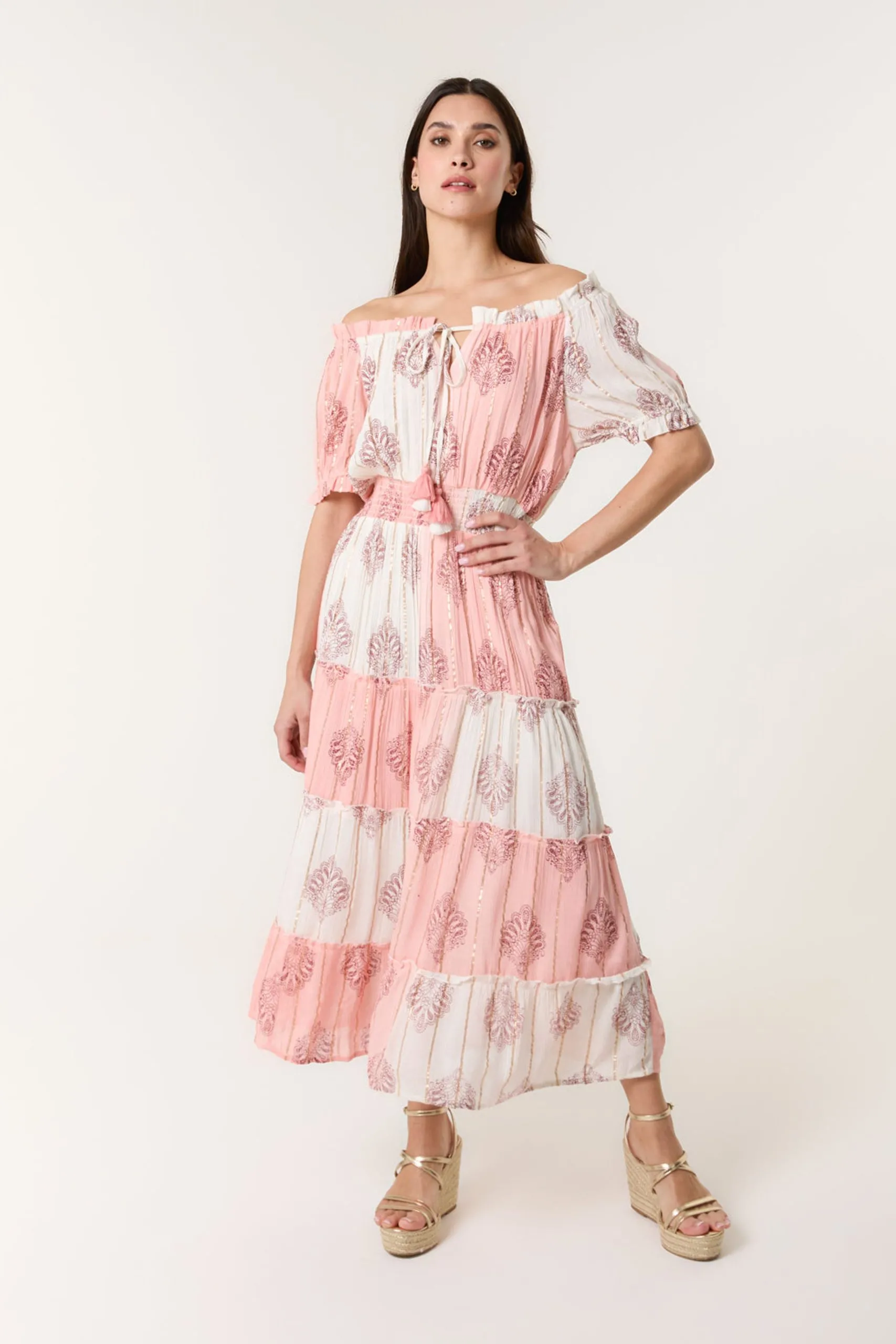 Pink Foil Print Amber Tiered Midi Dress