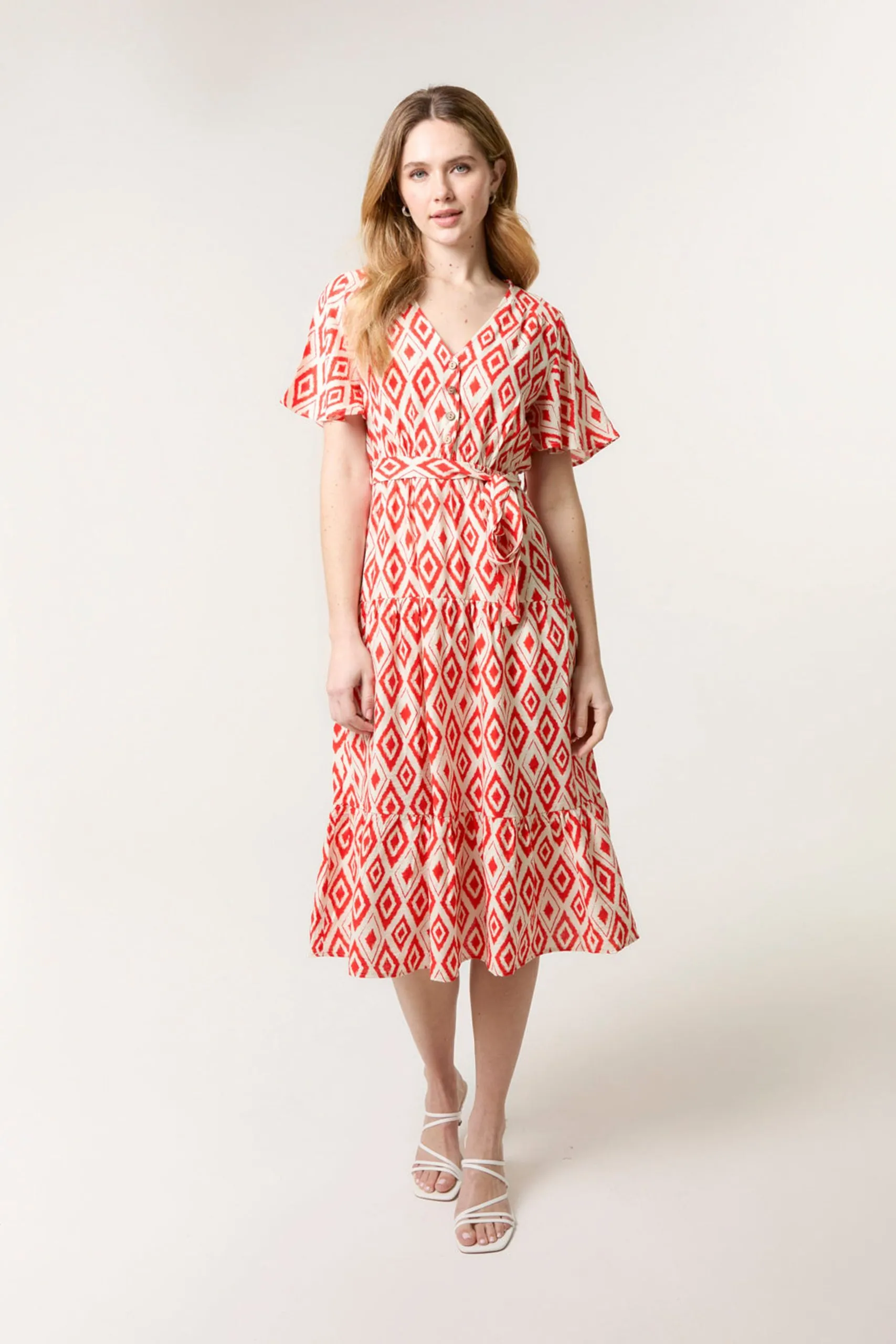Red Diamond Print Button Front Midi Dress