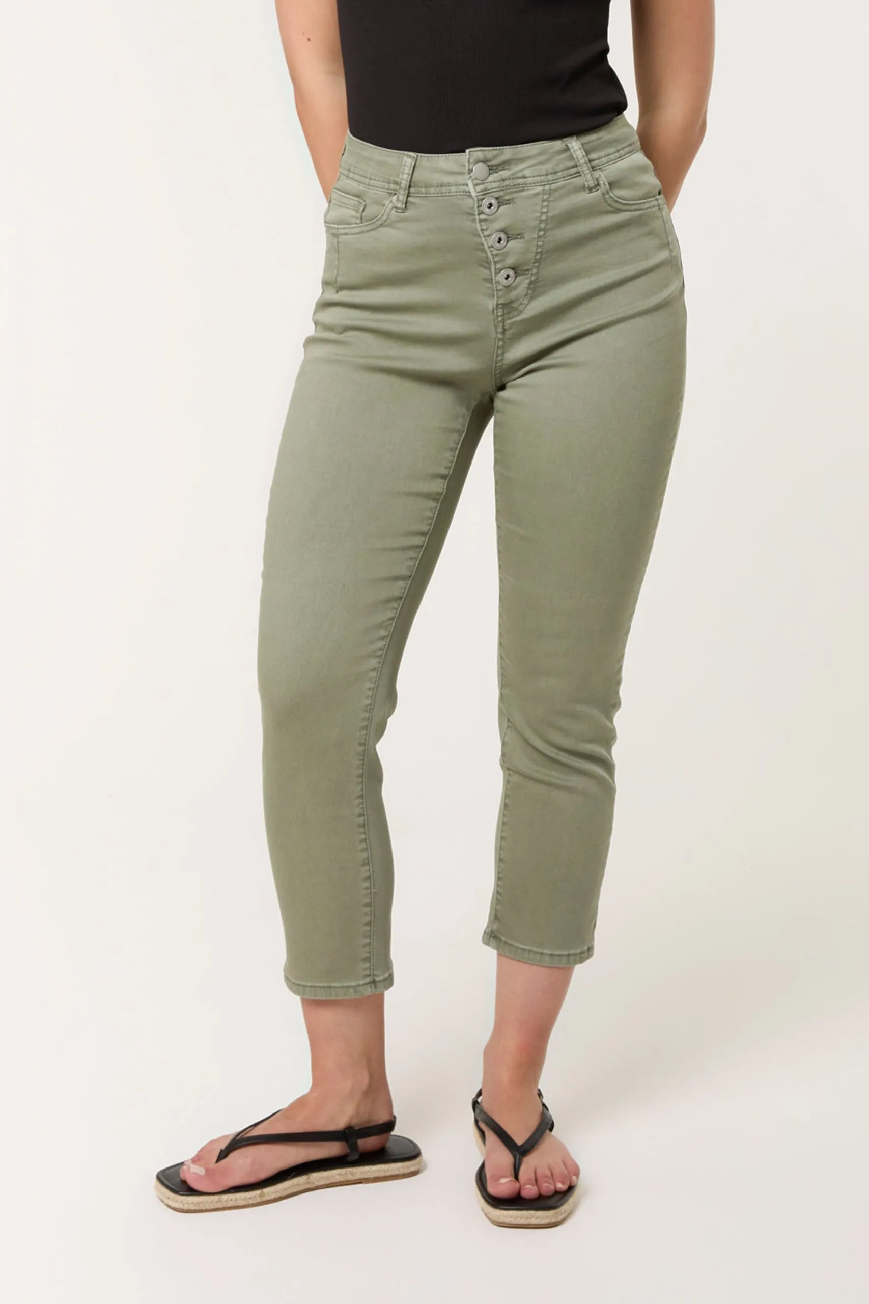 Khaki Button Front Capri Trousers