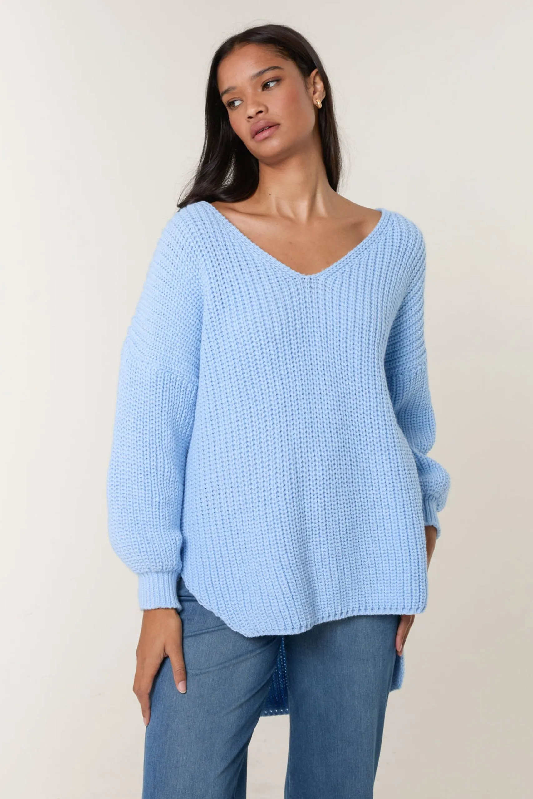 Light Blue V Neck Chunky Jumper