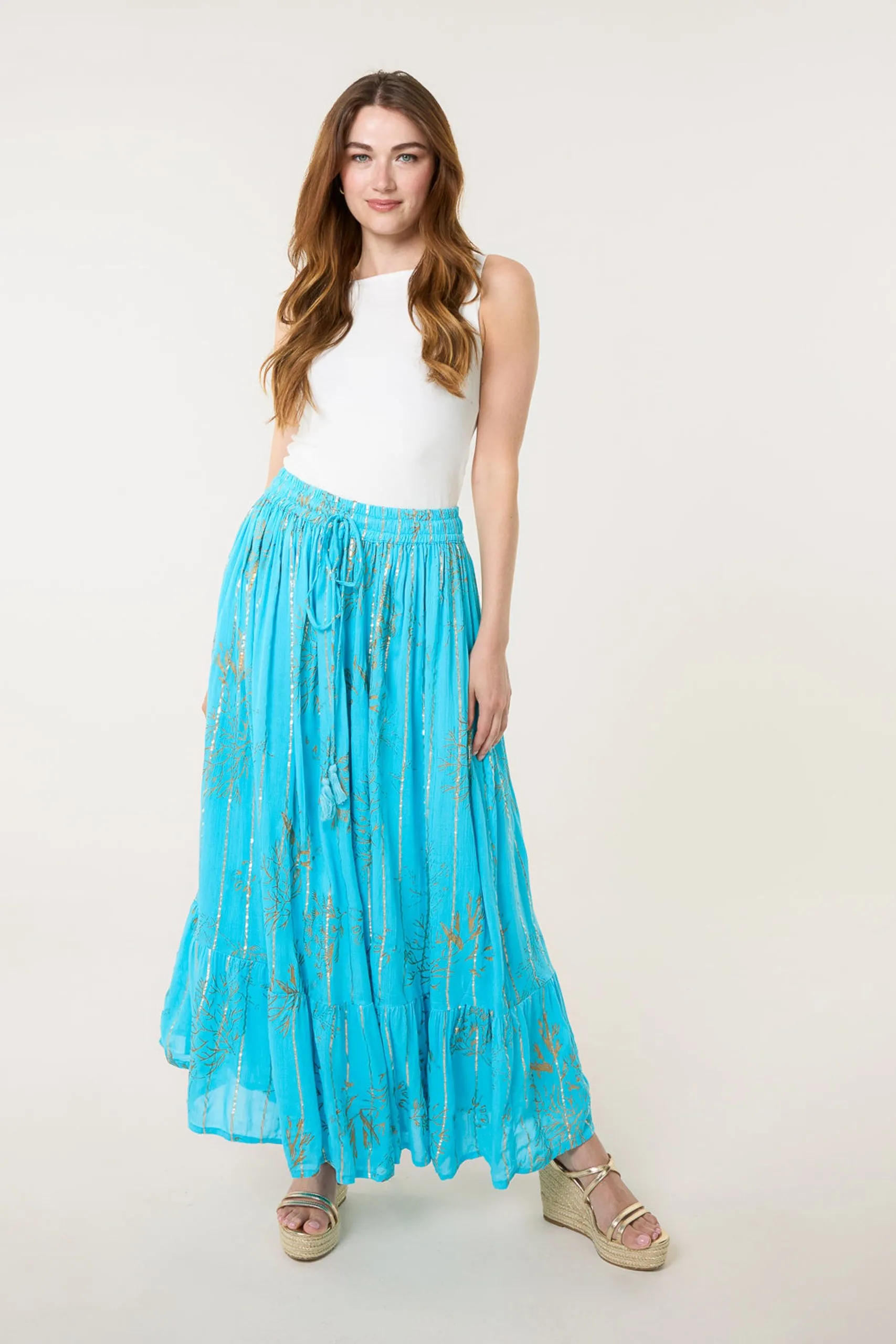 Aqua Gold Foil Print Peplum Hem Skirt