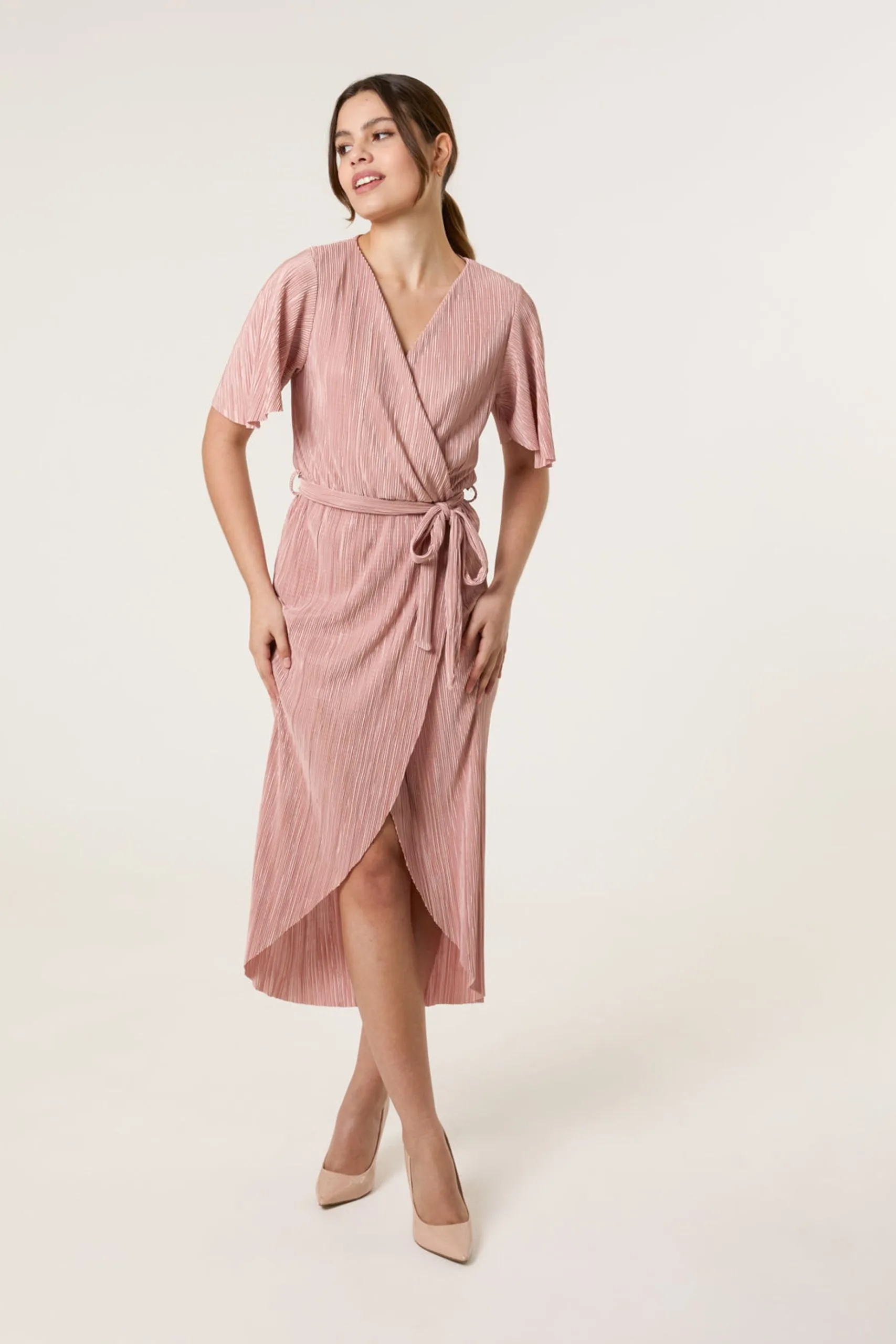 Pink Plisse Wrap Over Midi Dress