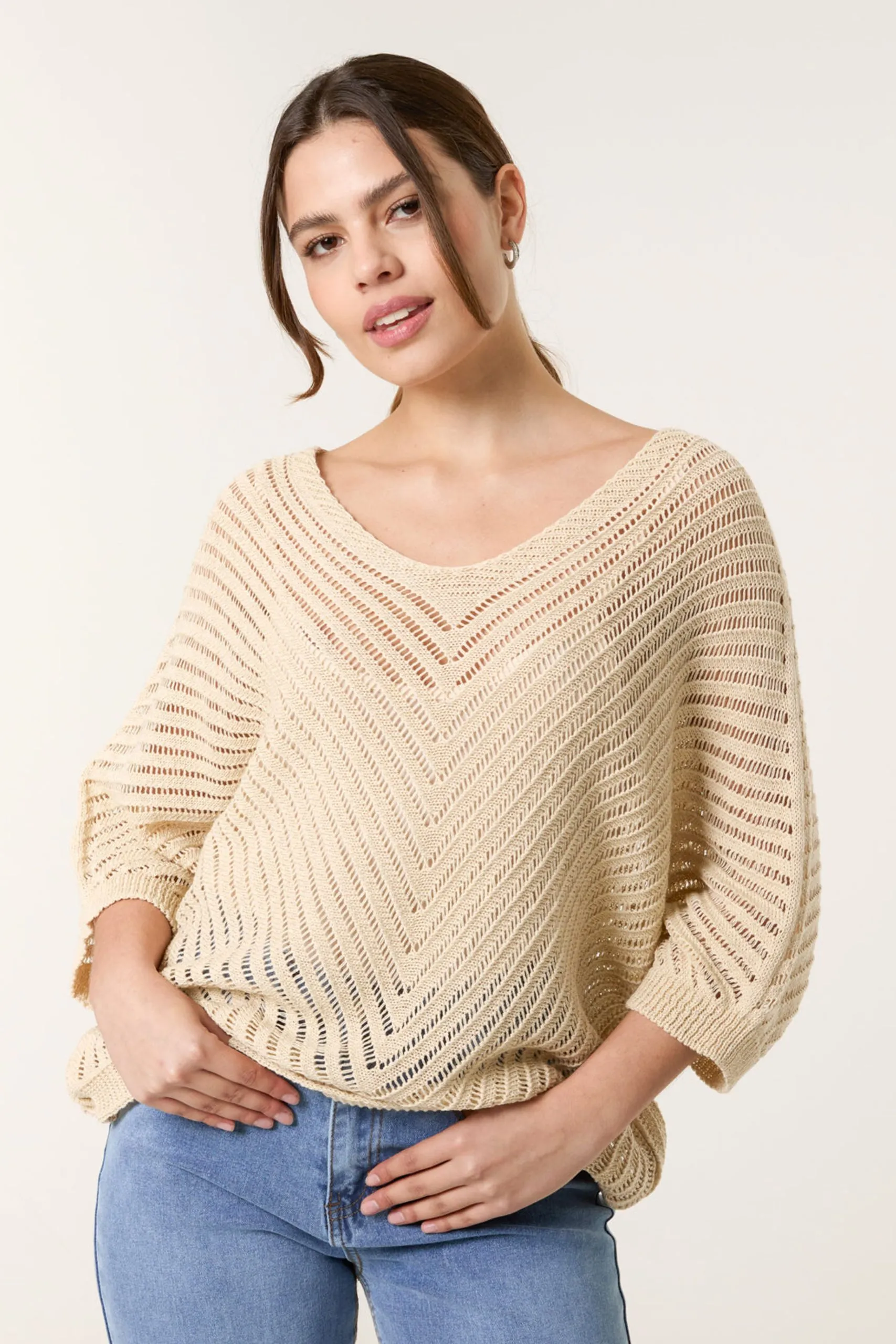 Light Brown Crochet V Neck Jumper