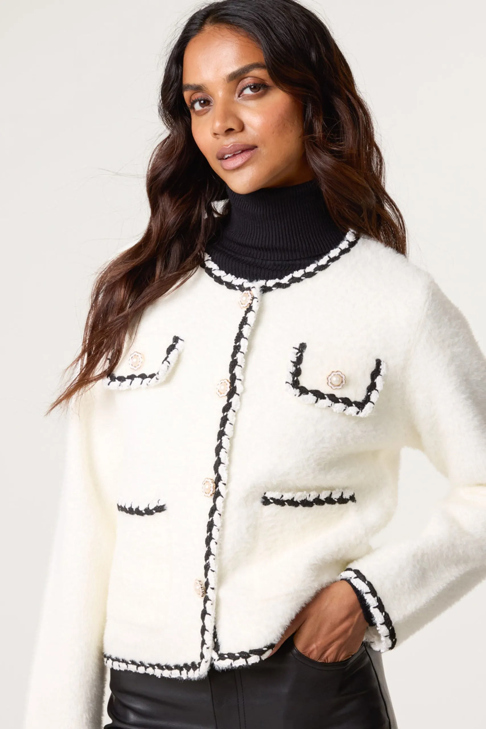 Ivory Fluffy Knit Contrast Trim Button Front Cardigan