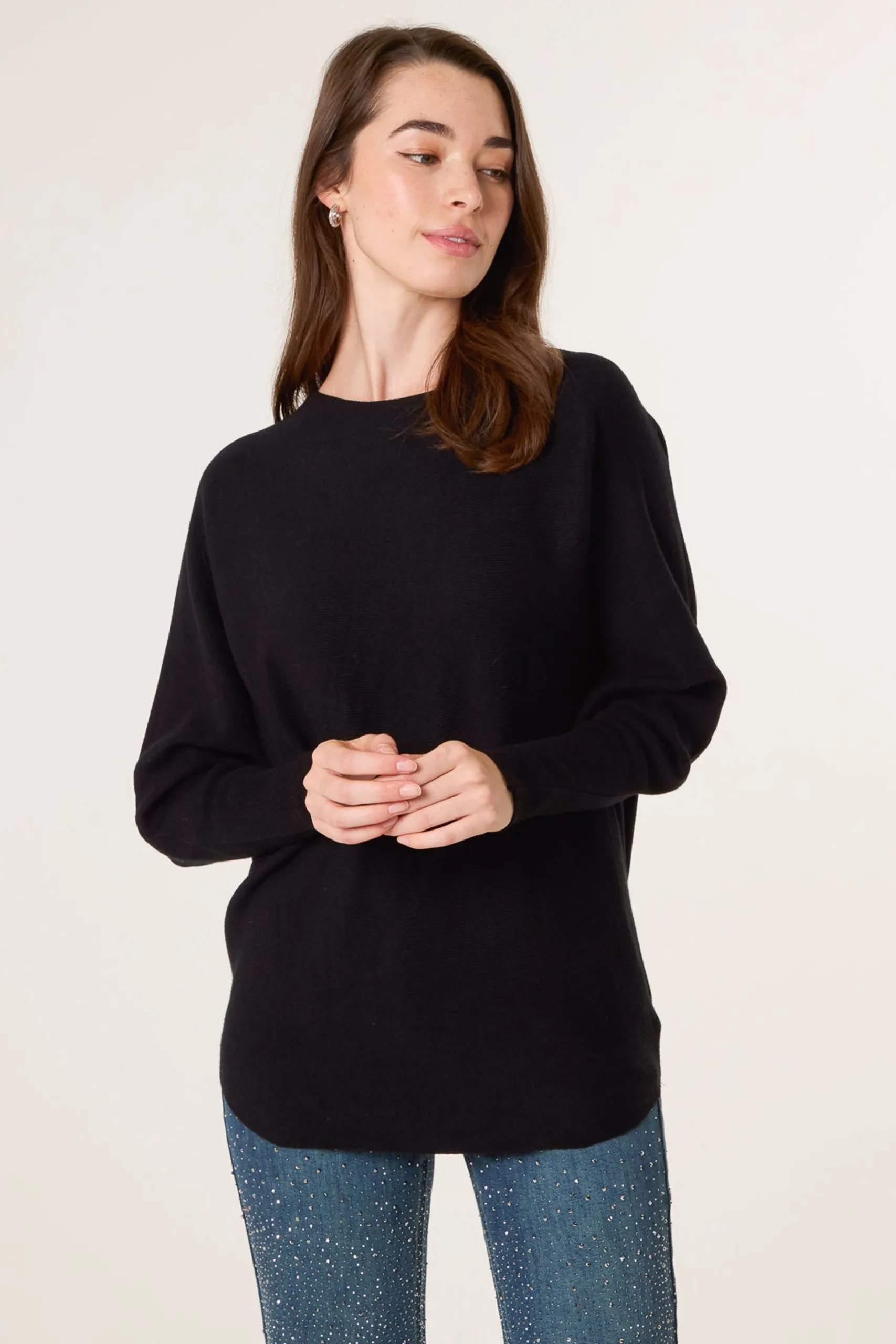 Black Batwing Jumper With Back Diamante Detailing