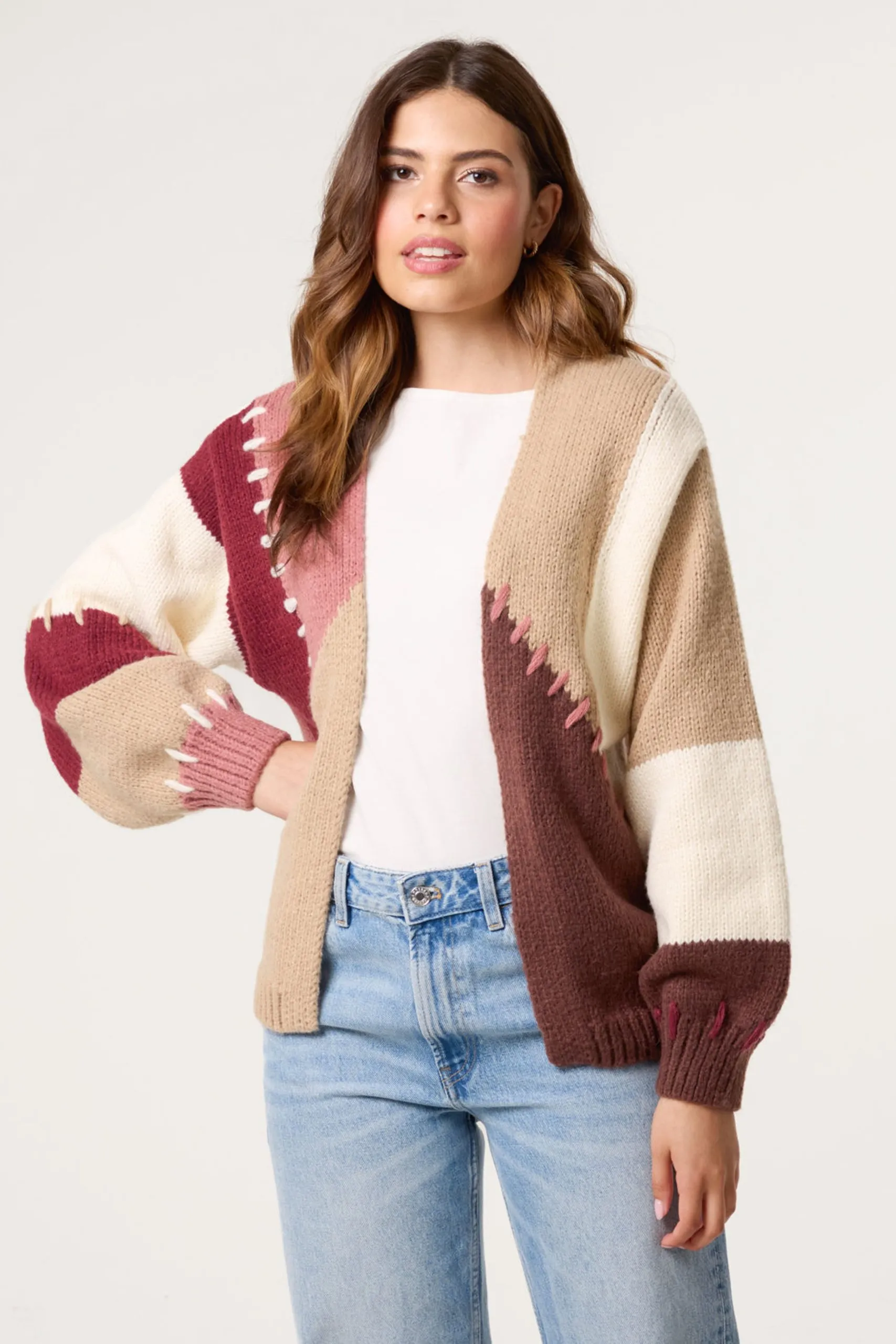 Brown Blanket Stitch Detailed Colourblock Cardigan