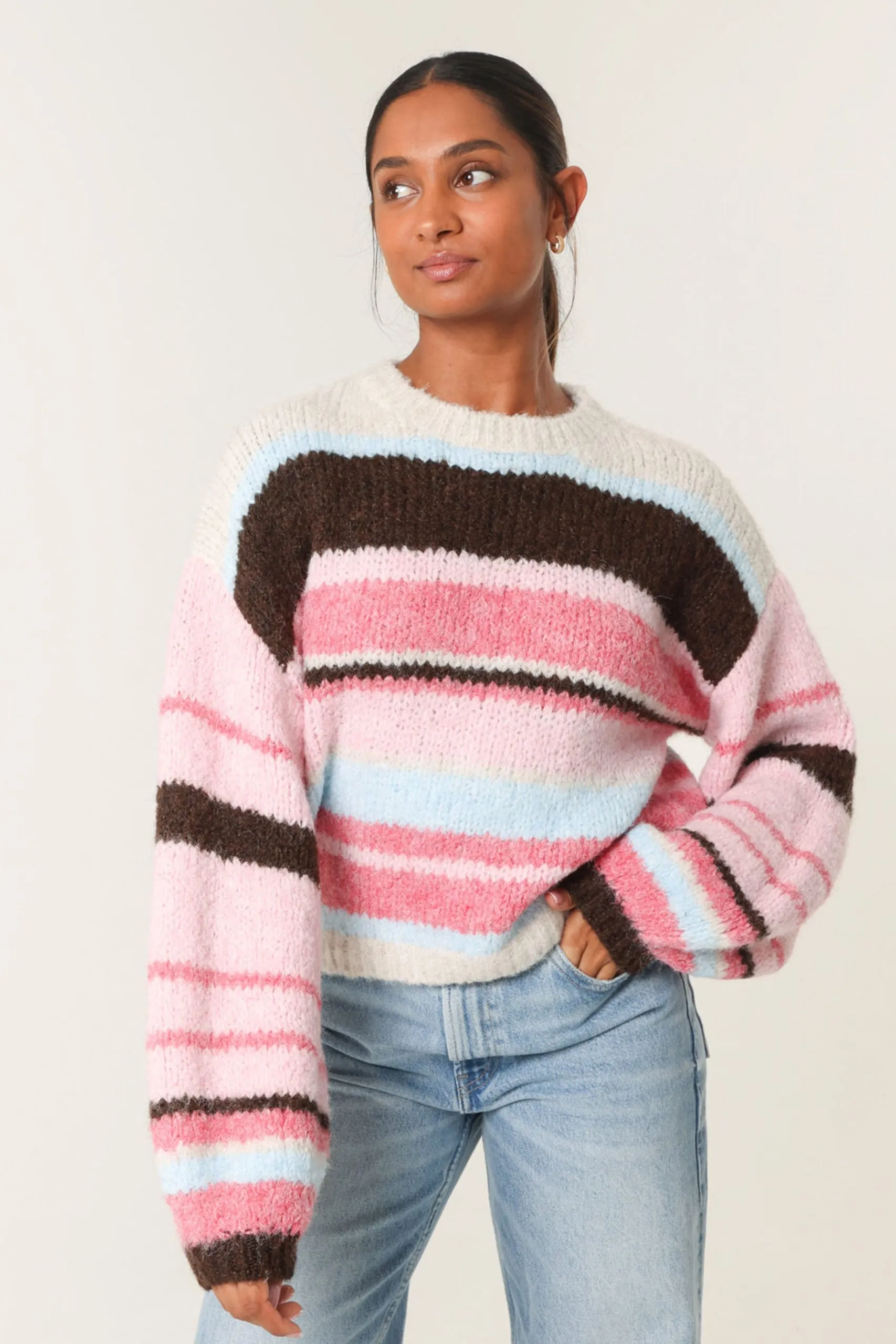 Pink Colourful Block Horizontal Stripes Jumper