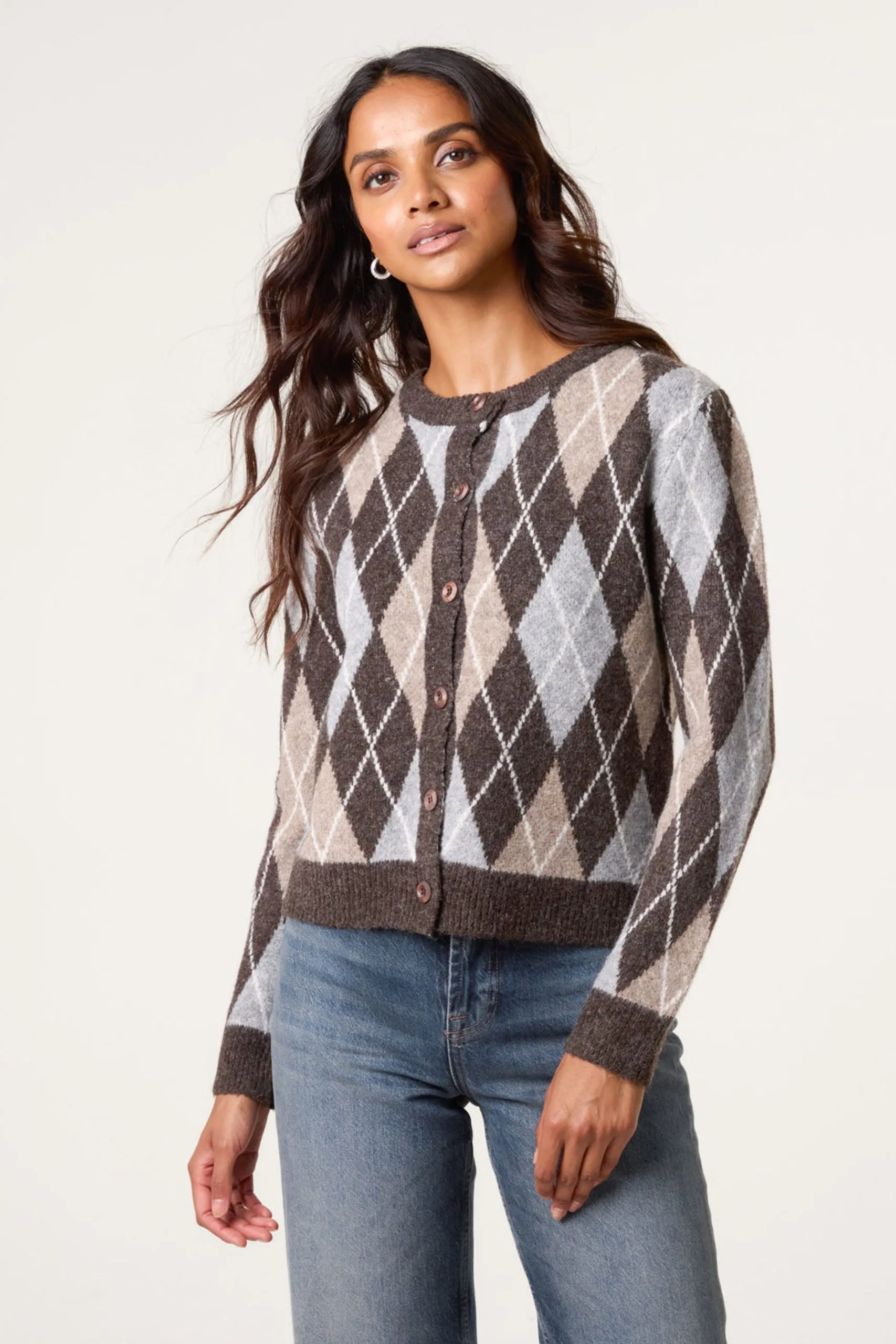 Brown Argyle Knit Button Front Cardigan