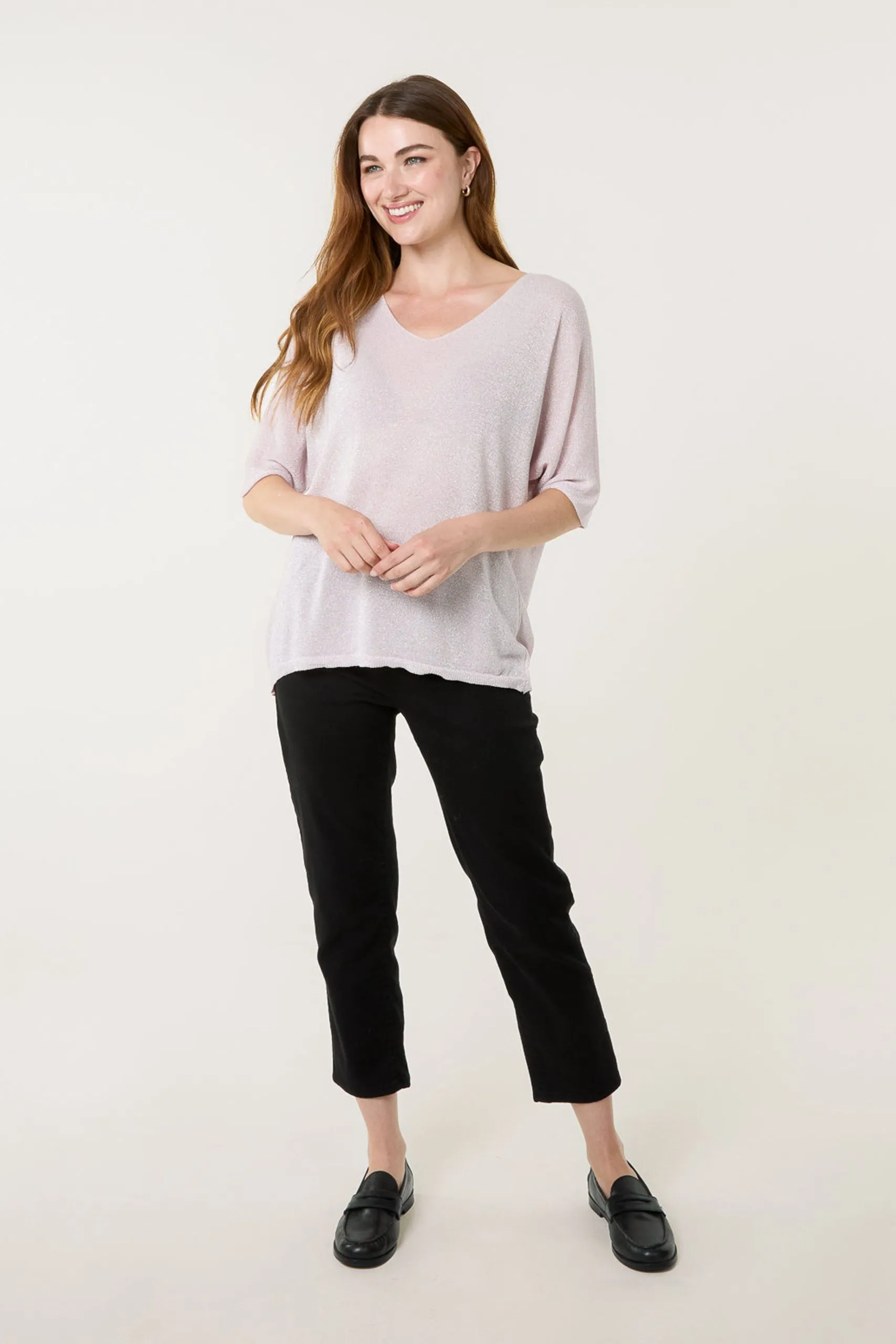 Pink Metallic Fine Gauge Lightweight Knit Top